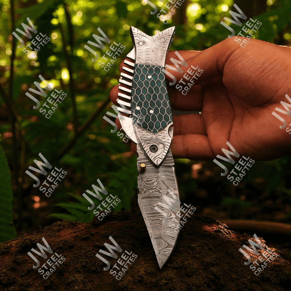 Handmade Damascus Steel Folding Knife – Green Honeycomb Handle