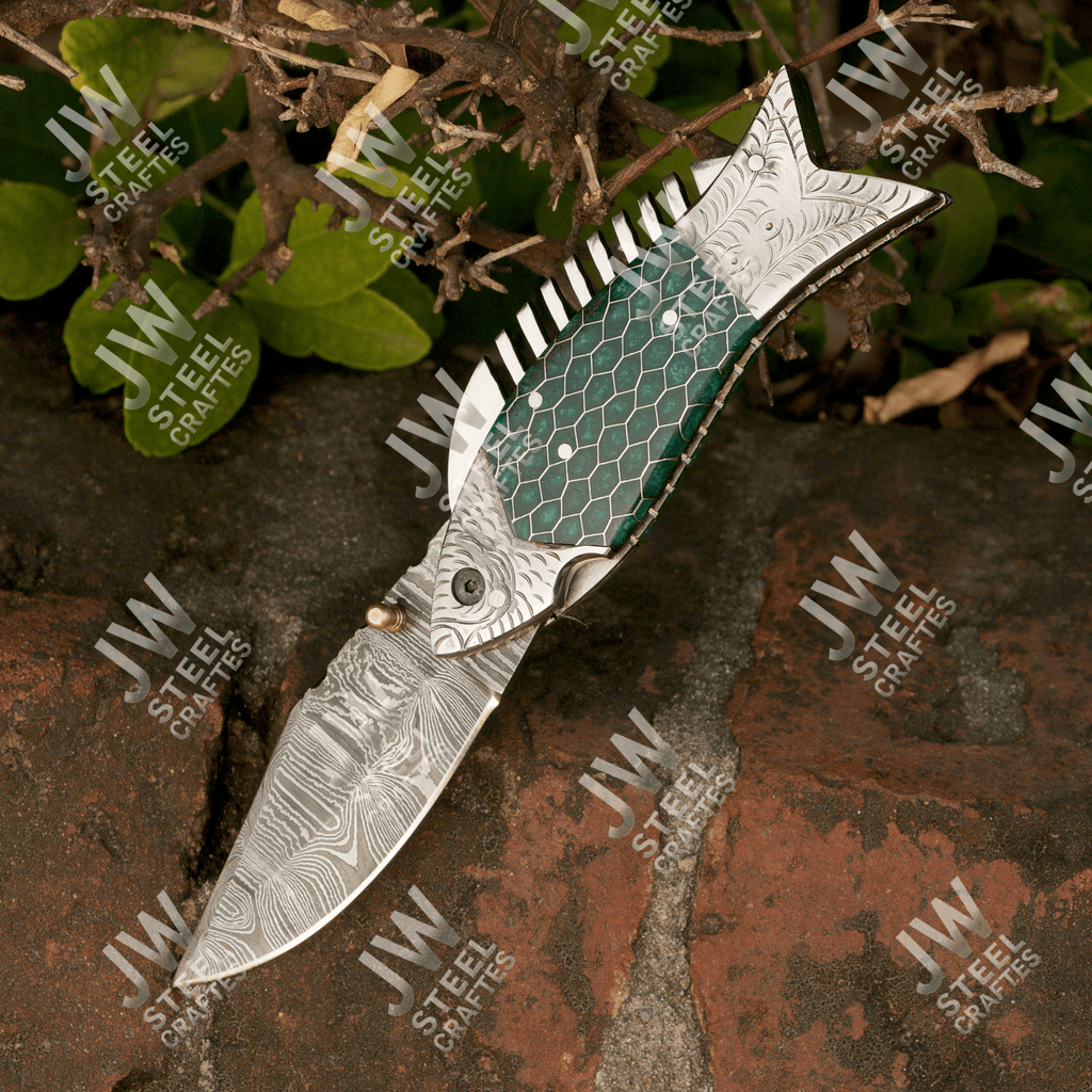 Handmade Damascus Steel Folding Knife – Green Honeycomb Handle