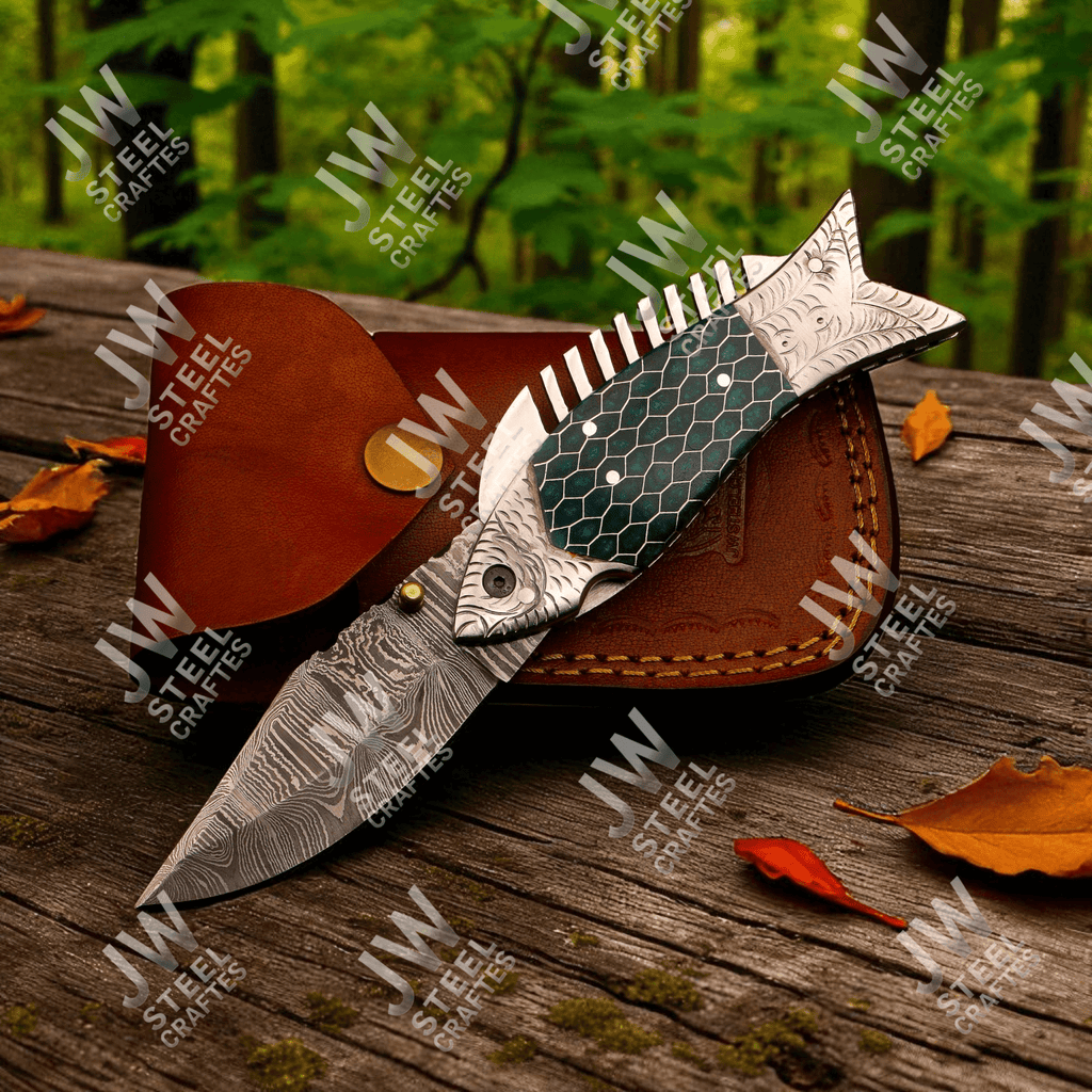 Handmade Damascus Steel Folding Knife – Green Honeycomb Handle