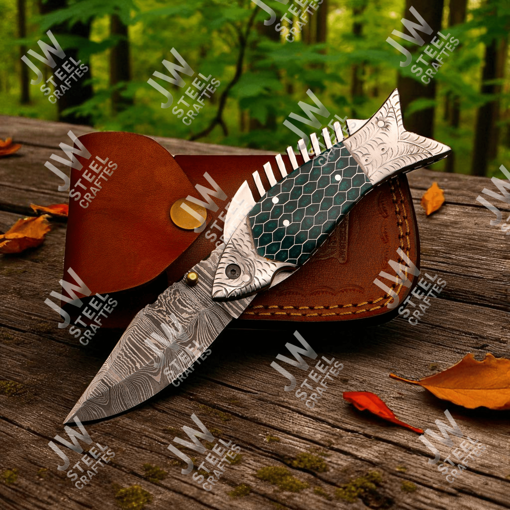 Handmade Damascus Steel Folding Knife – Green Honeycomb Handle