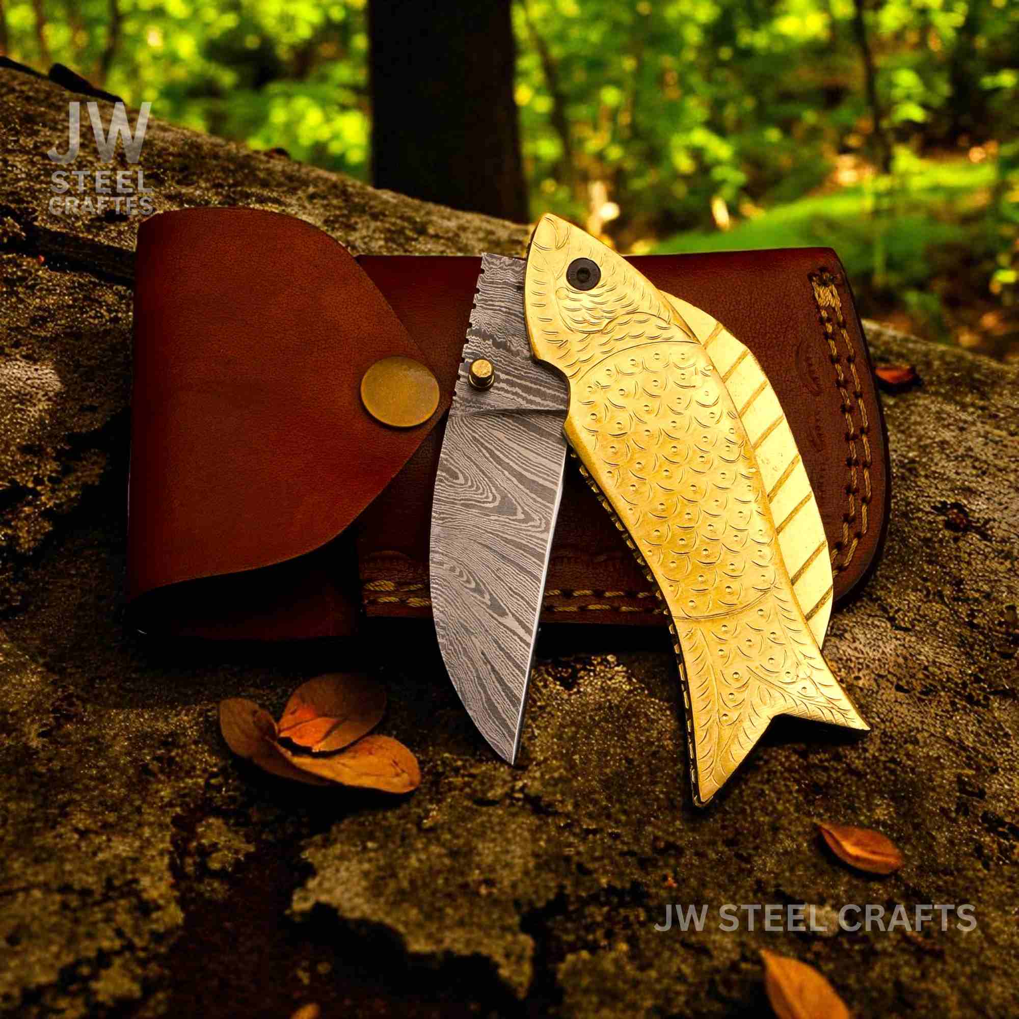 Handmade Damascus Steel Folding Knife with Engraved Brass Fish Handle