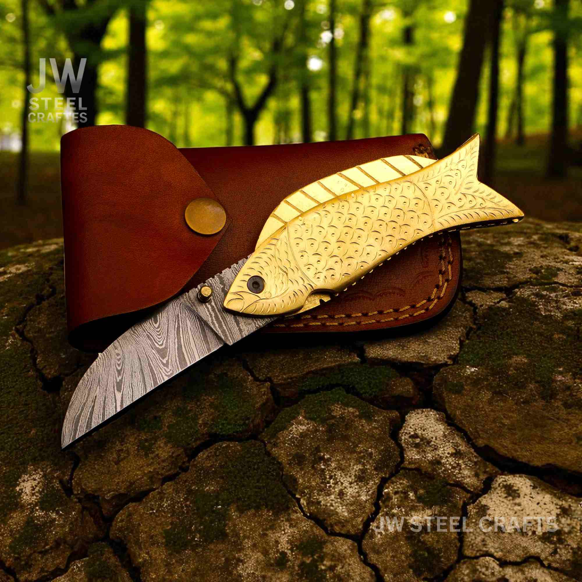 Handmade Damascus Steel Folding Knife with Engraved Brass Fish Handle