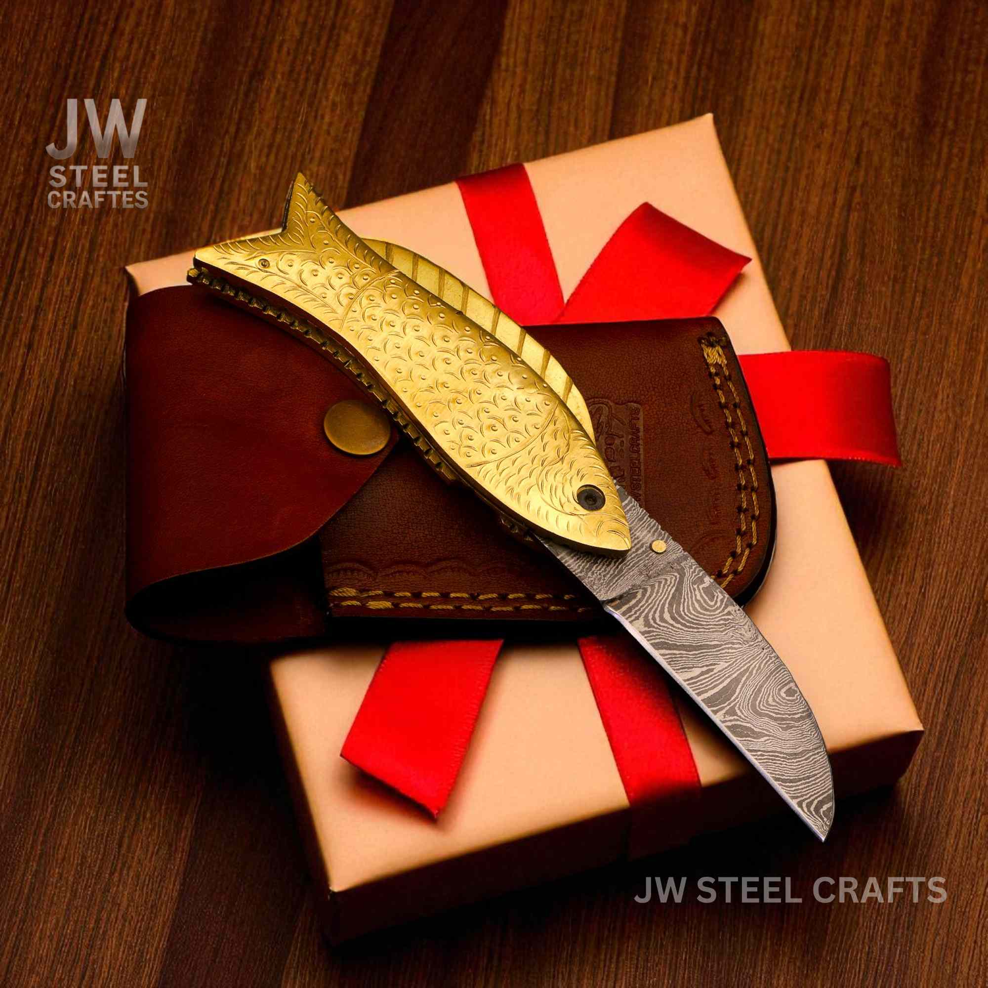 Handmade Damascus Steel Folding Knife with Engraved Brass Fish Handle
