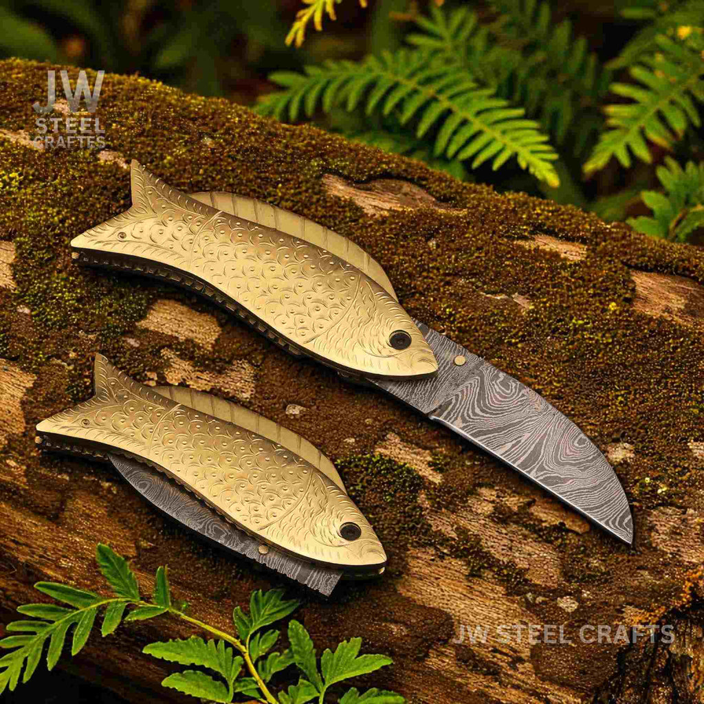 Handmade Damascus Steel Folding Knife with Engraved Brass Fish Handle