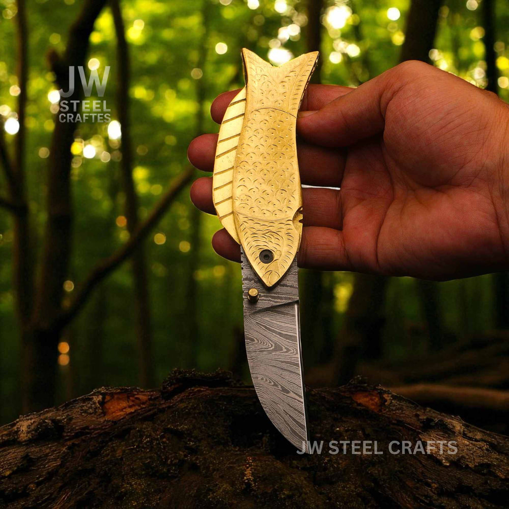 Handmade Damascus Steel Folding Knife with Engraved Brass Fish Handle