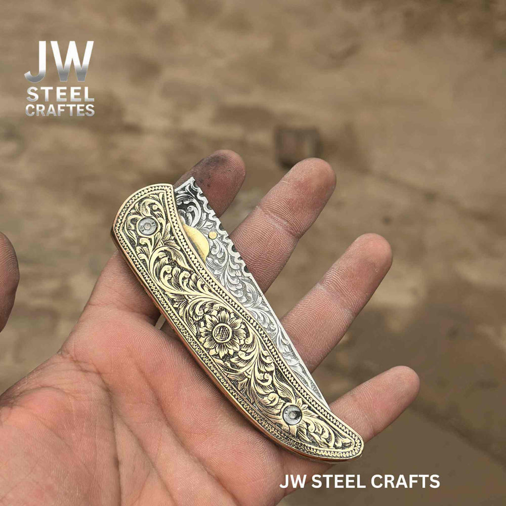 Handmade Engraved Damascus Folding Knife – Brass Handle EDC Pocket Knife