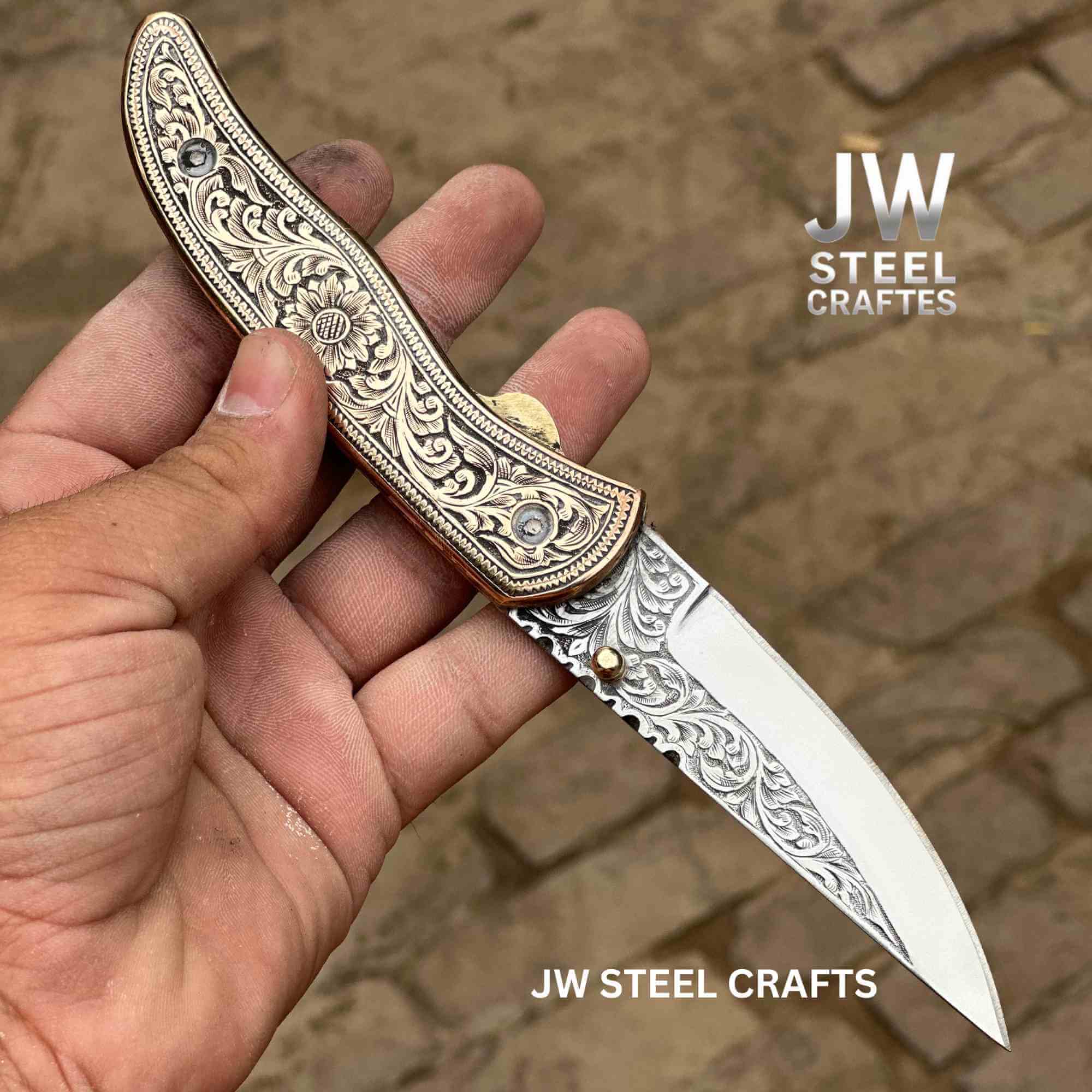 Handmade Engraved Damascus Folding Knife – Brass Handle EDC Pocket Knife