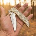 Handmade Engraved Damascus Folding Knife – Brass Handle EDC Pocket Knife