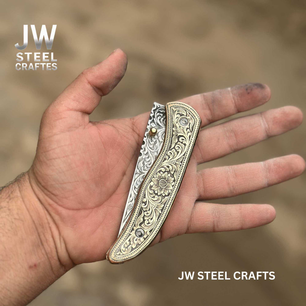 Handmade Engraved Damascus Folding Knife – Brass Handle EDC Pocket Knife
