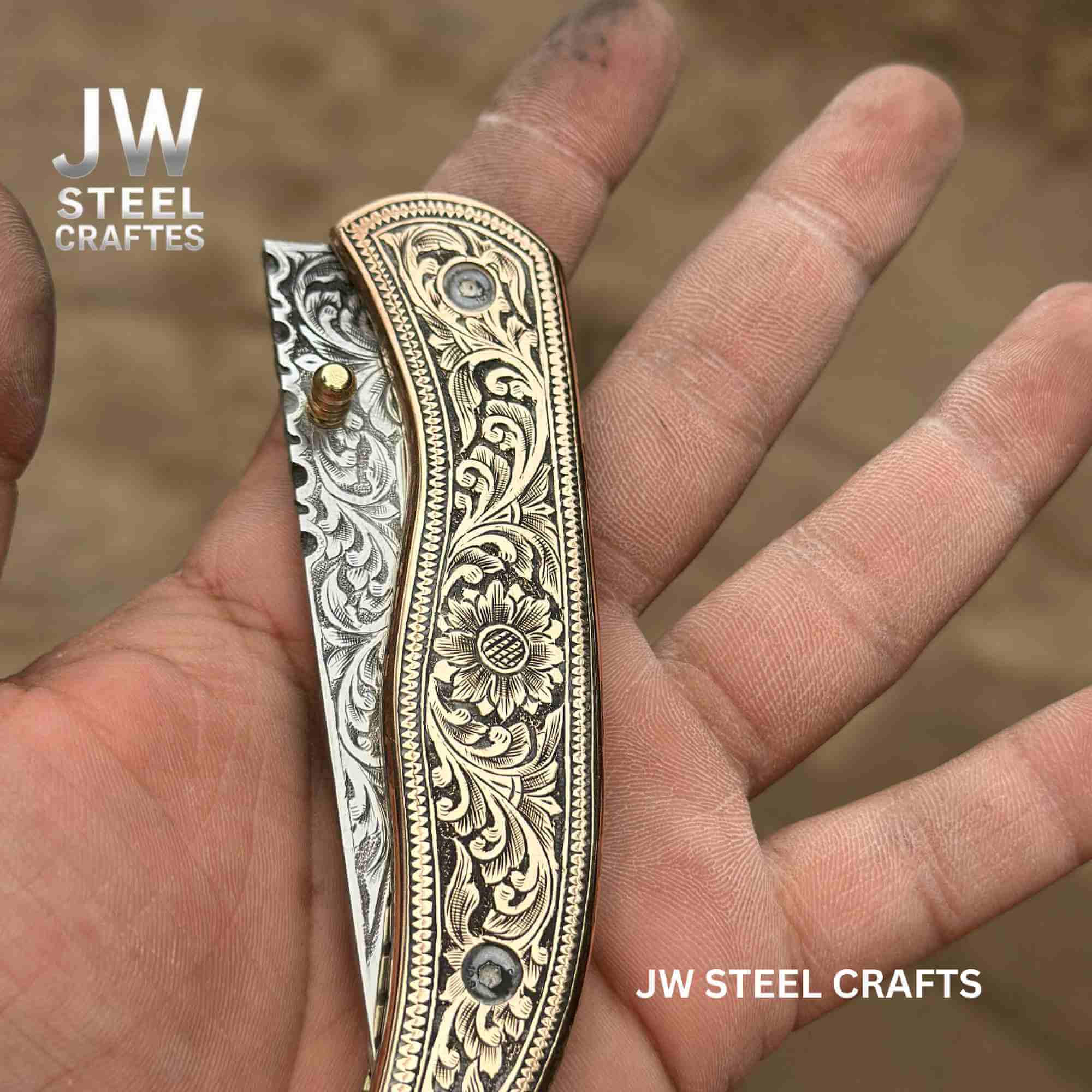 Handmade Engraved Damascus Folding Knife – Brass Handle EDC Pocket Knife