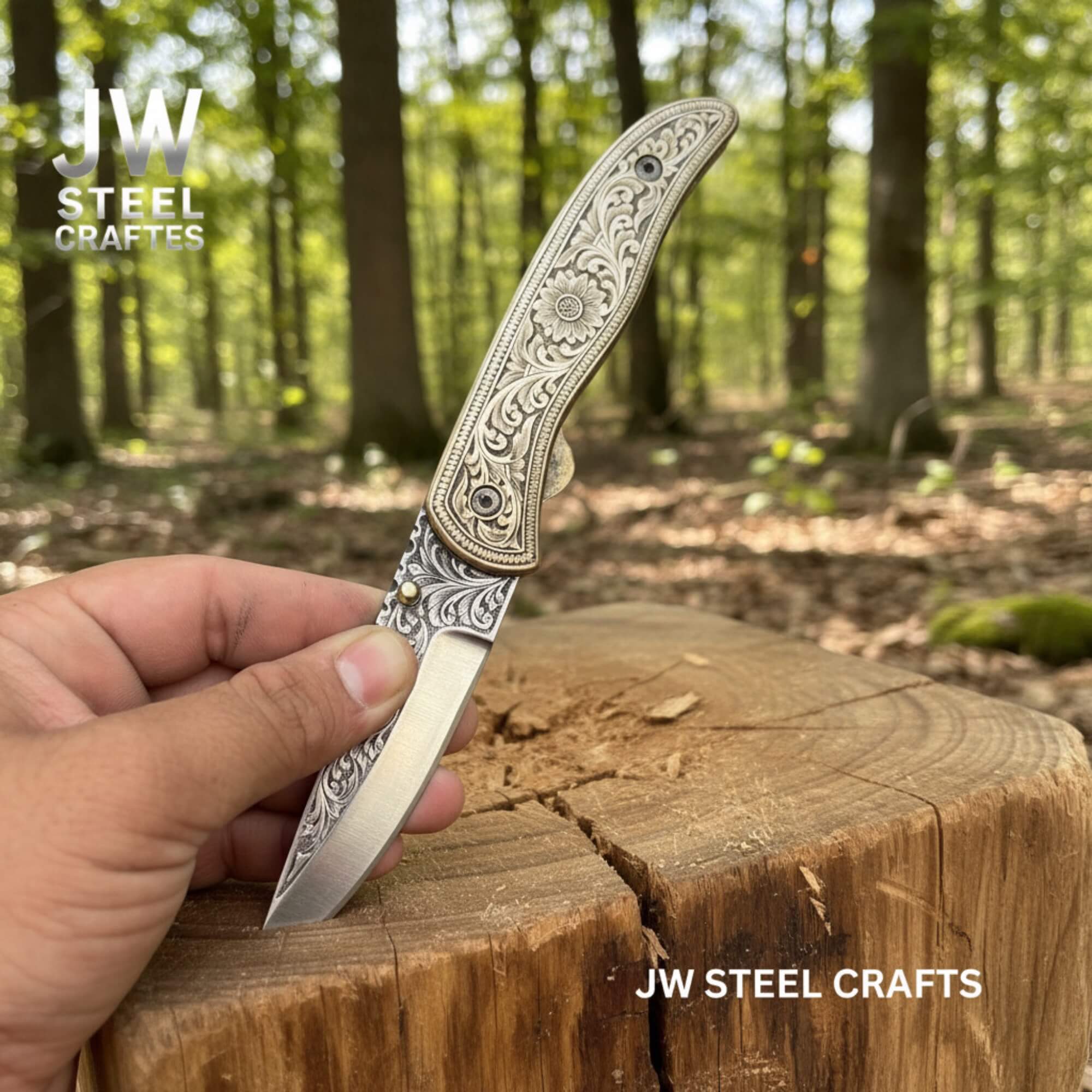 Handmade Engraved Damascus Folding Knife – Brass Handle EDC Pocket Knife