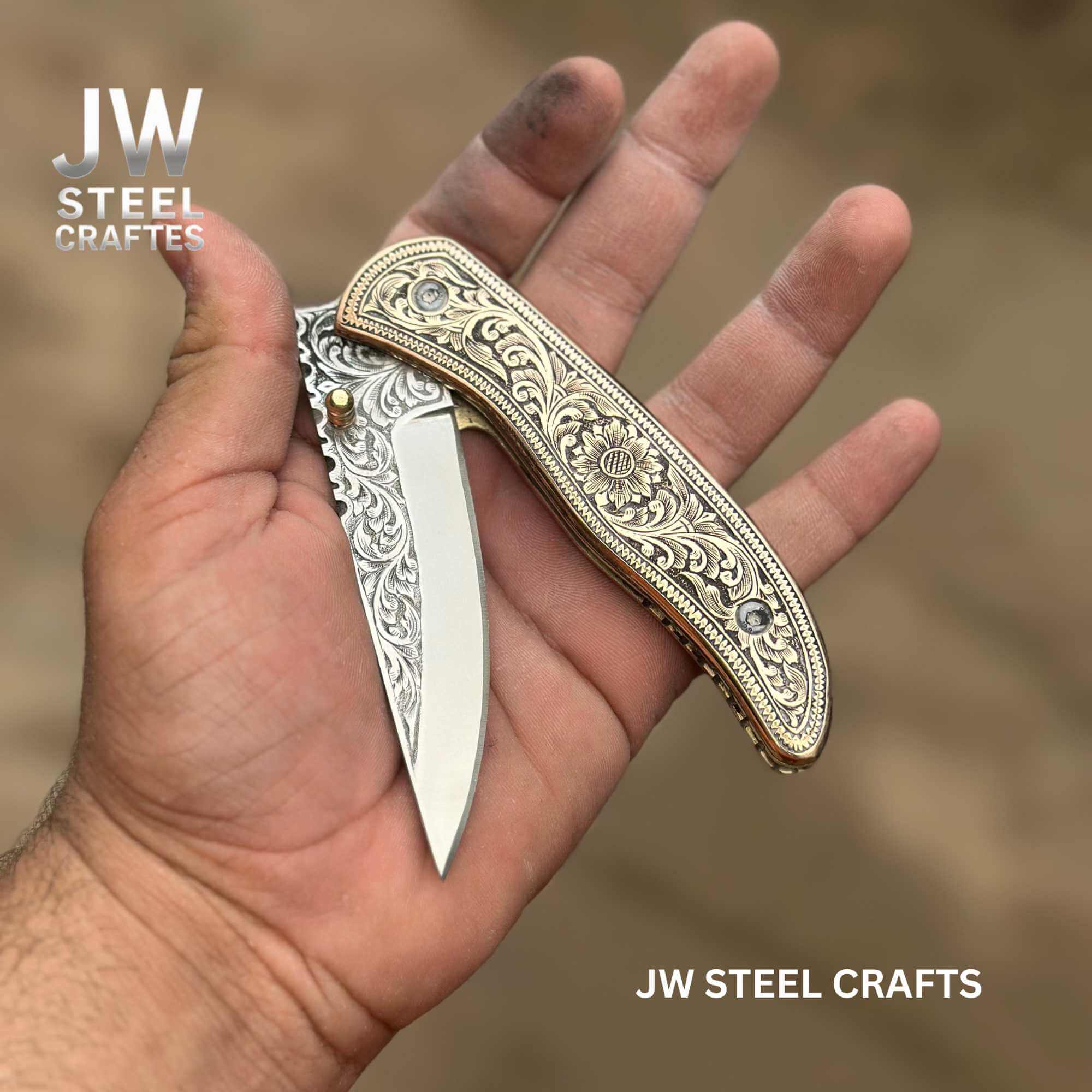 Handmade Engraved Damascus Folding Knife – Brass Handle EDC Pocket Knife