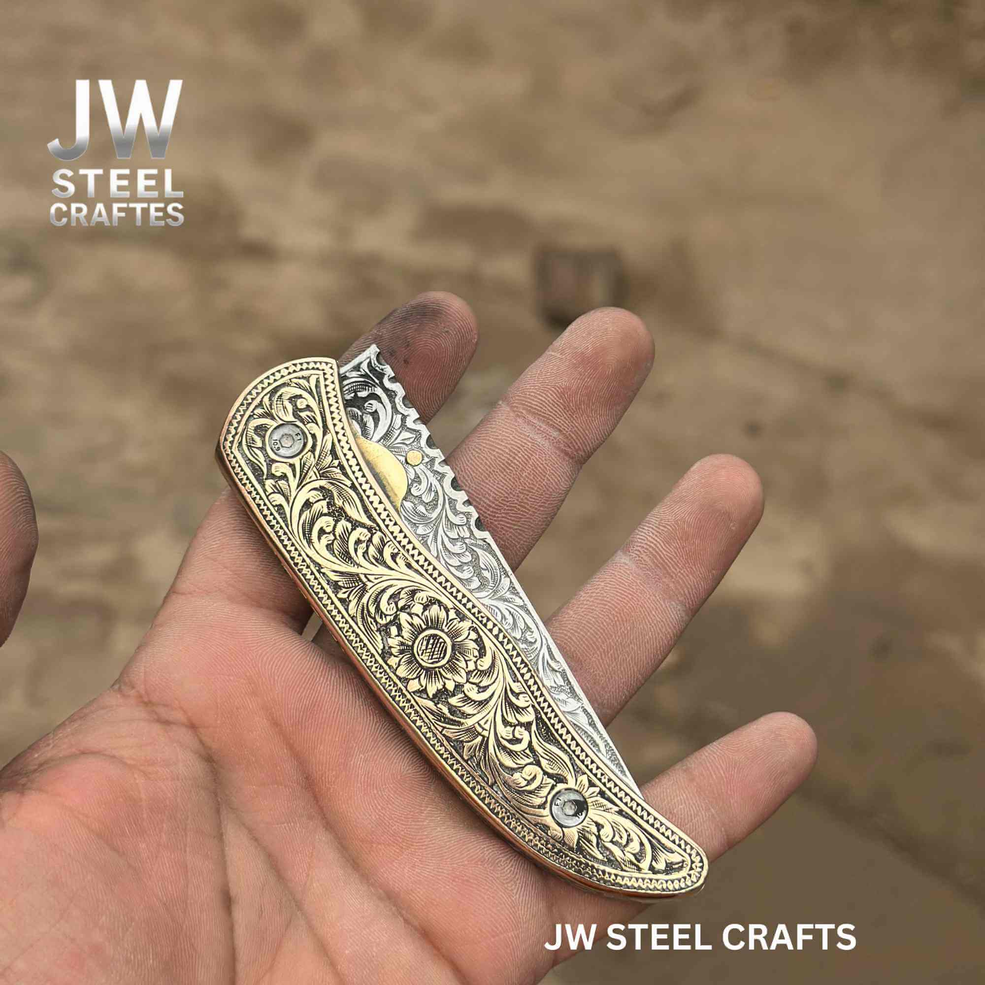Handmade Engraved Damascus Folding Knife – Brass Handle EDC Pocket Knife