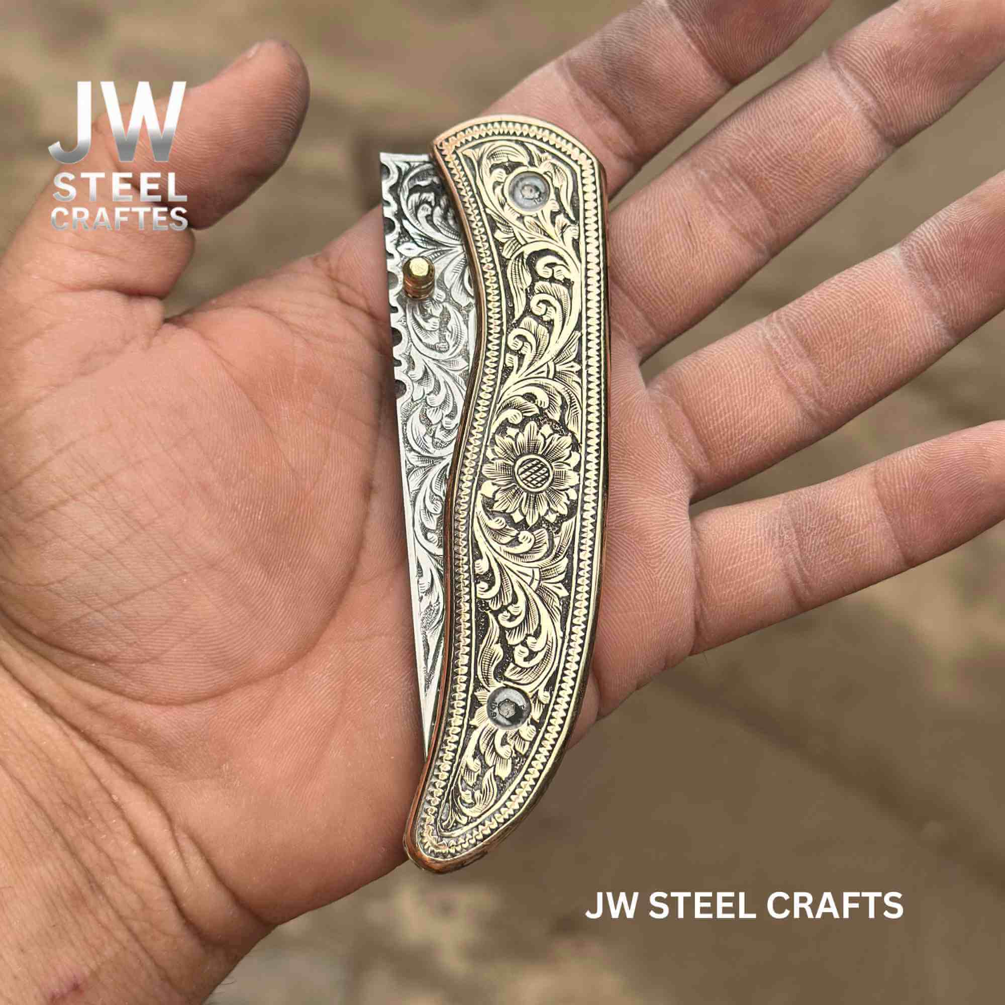 Handmade Engraved Damascus Folding Knife – Brass Handle EDC Pocket Knife