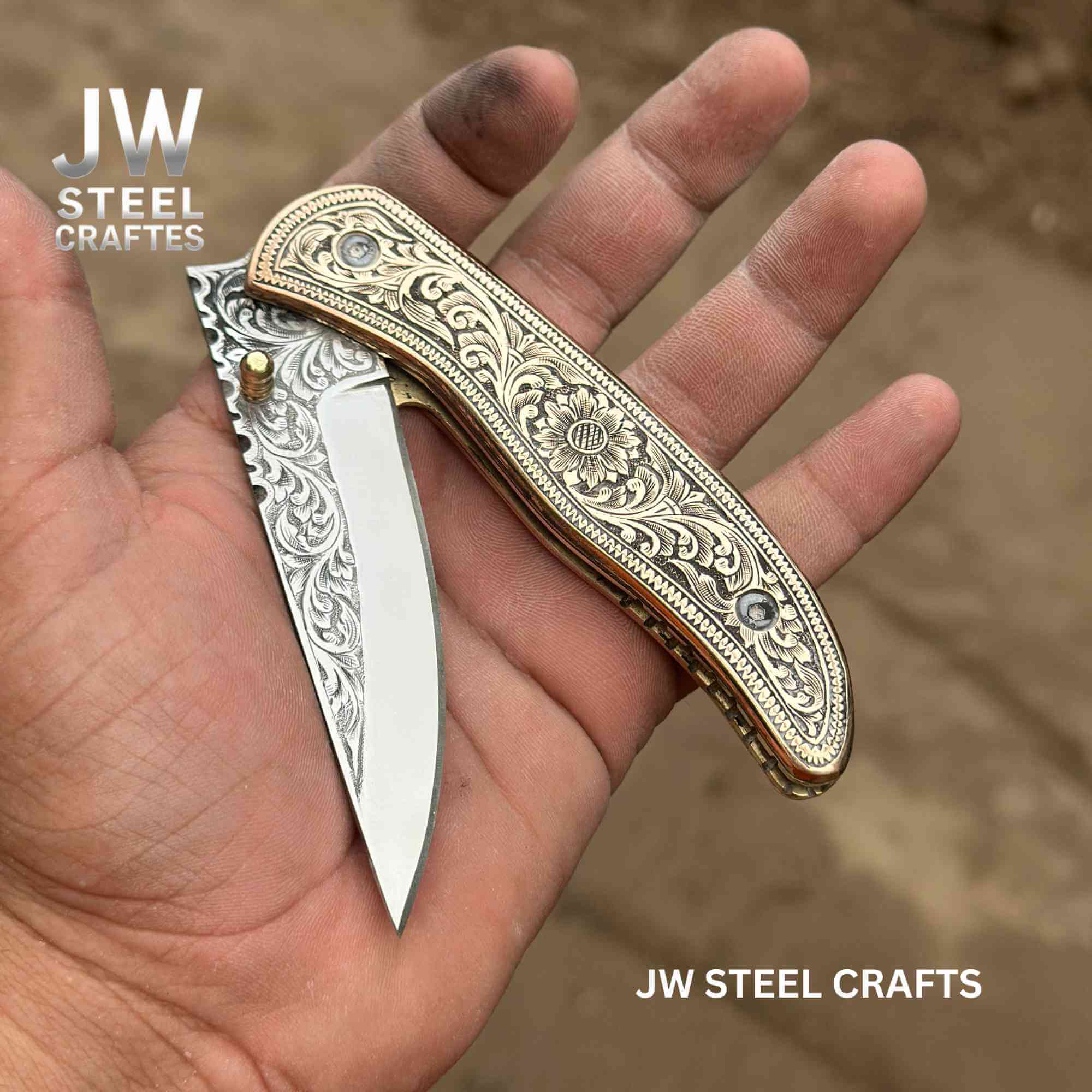 Handmade Engraved Damascus Folding Knife – Brass Handle EDC Pocket Knife