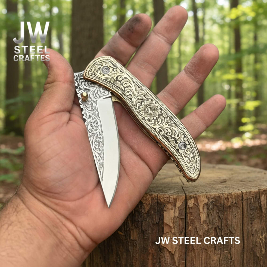 Handmade Engraved Damascus Folding Knife – Brass Handle EDC Pocket Knife