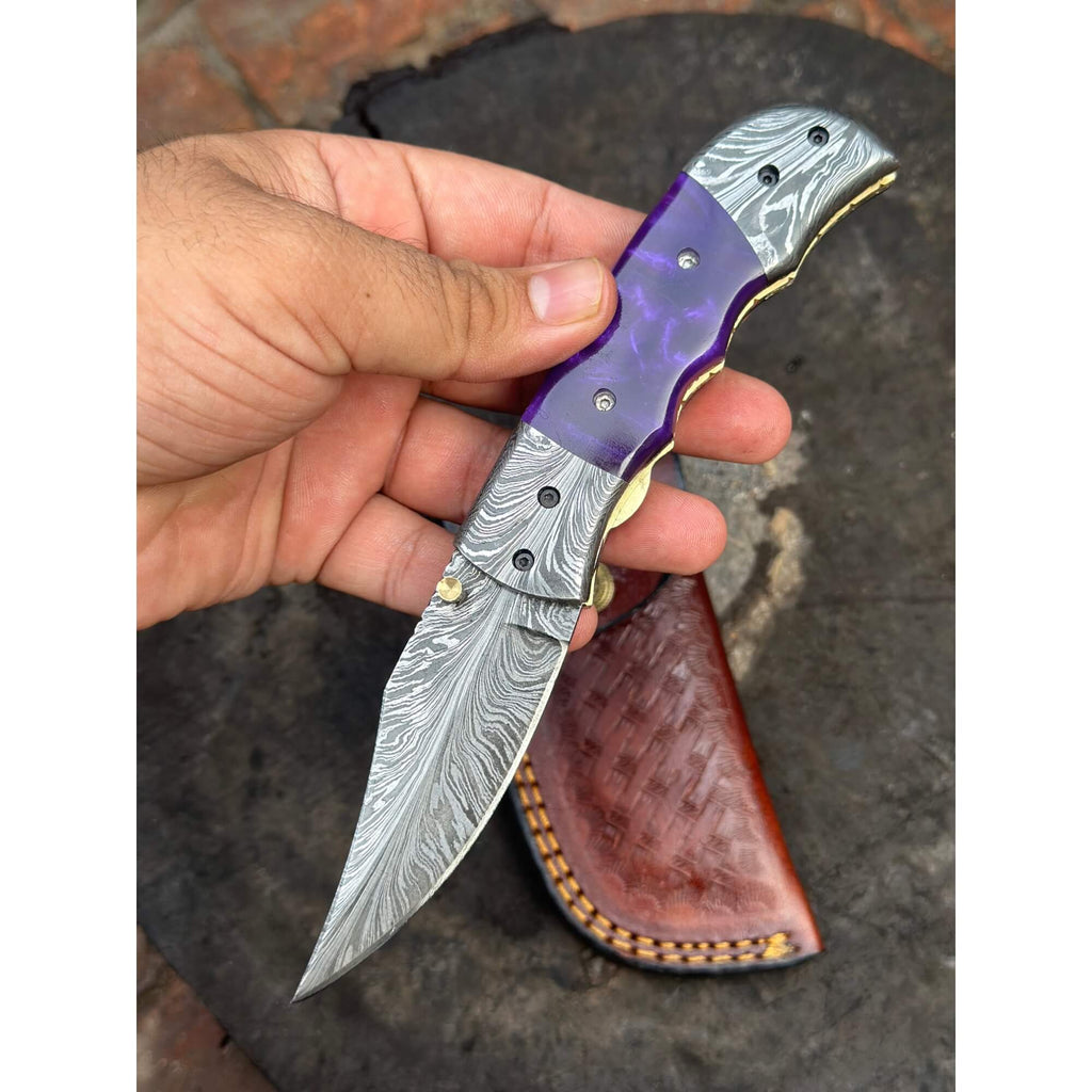 Handmade Feather Pattern Damascus Folding Knife with Purple Resin Handle & Leather Sheath