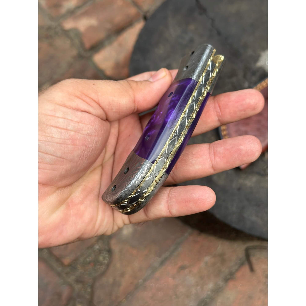 Handmade Feather Pattern Damascus Folding Knife with Purple Resin Handle & Leather Sheath
