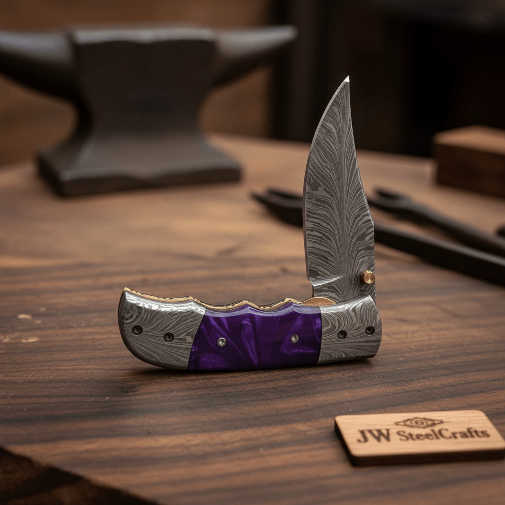 Handmade Feather Pattern Damascus Folding Knife with Purple Resin Handle & Leather Sheath