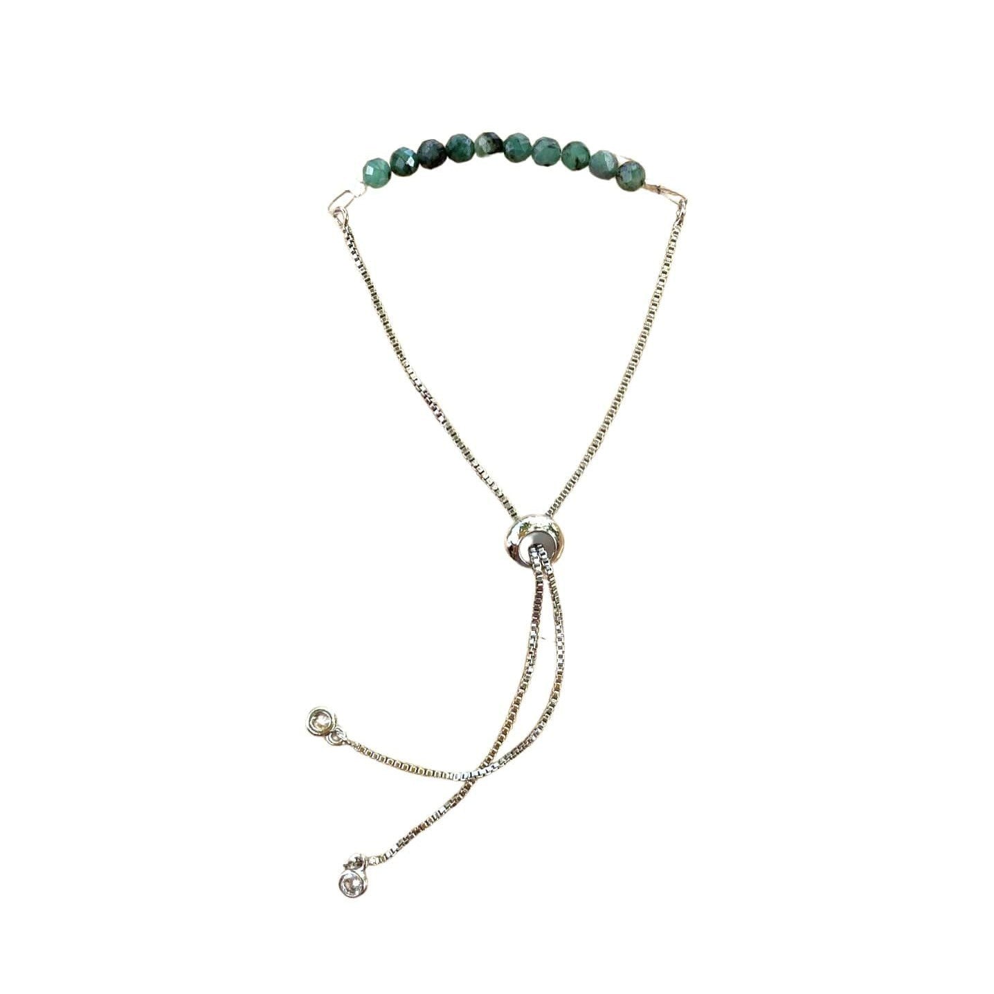 Emerald Bracelet Faceted Round Beads with Adjustable Chain (May)