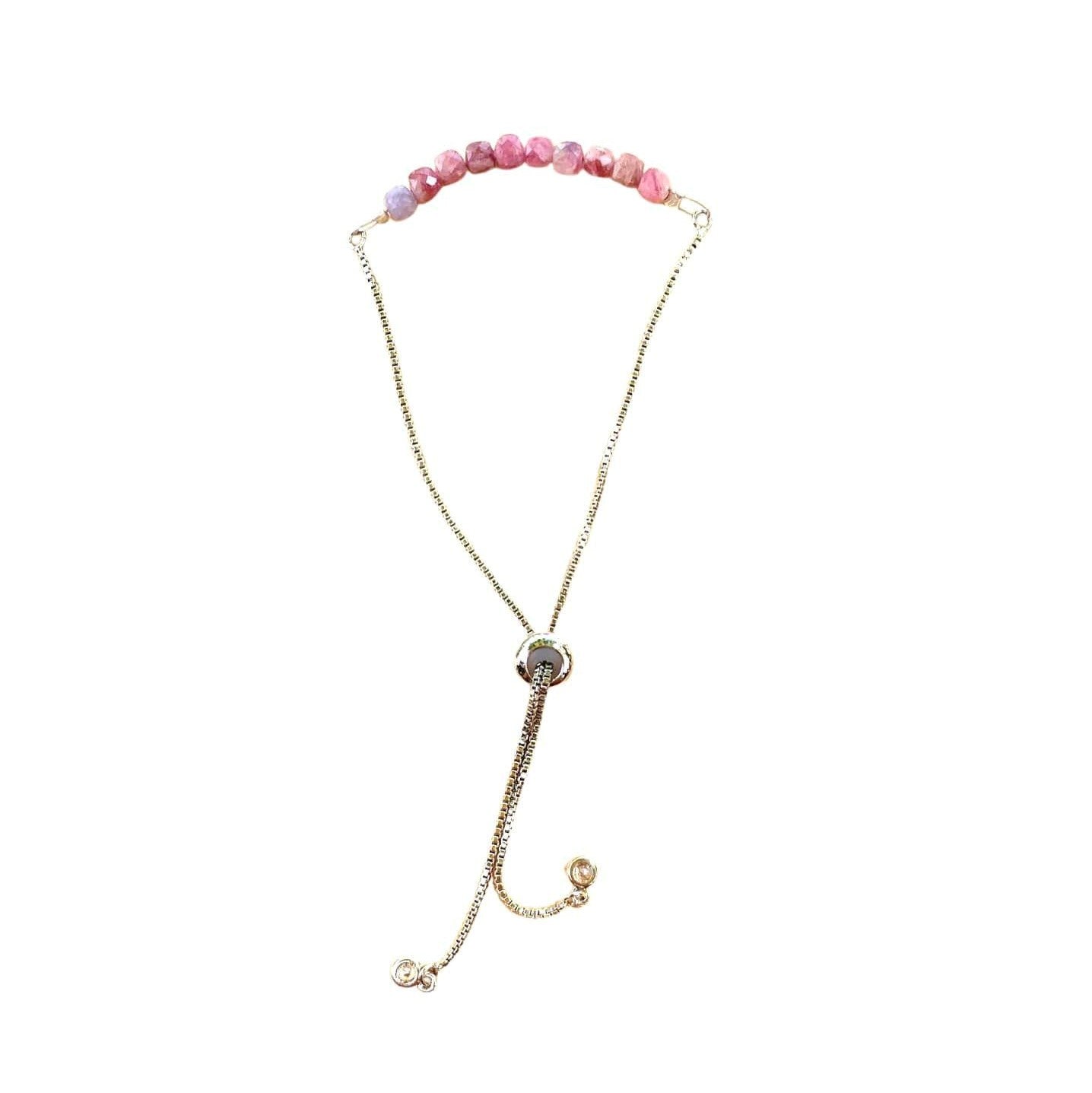 Pink Tourmaline Bracelet Faceted Round Beads with Adjustable Chain (October)