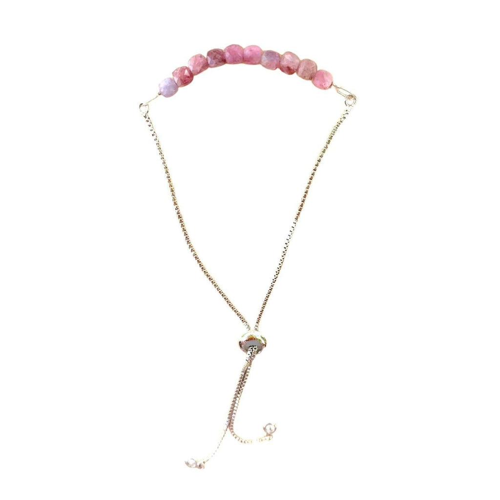 Pink Tourmaline Bracelet Faceted Round Beads with Adjustable Chain (October)