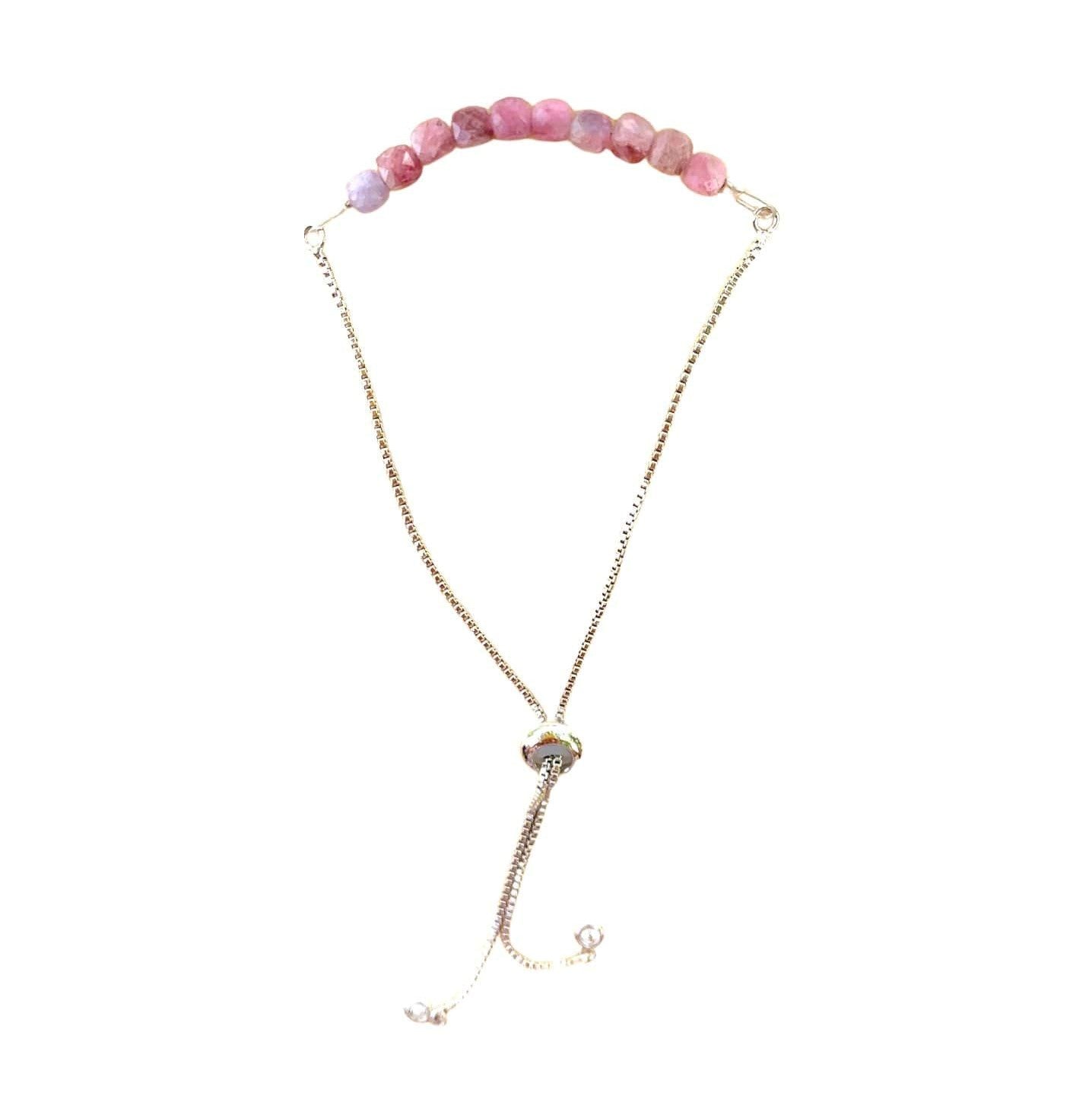 Pink Tourmaline Bracelet Faceted Round Beads with Adjustable Chain (October)