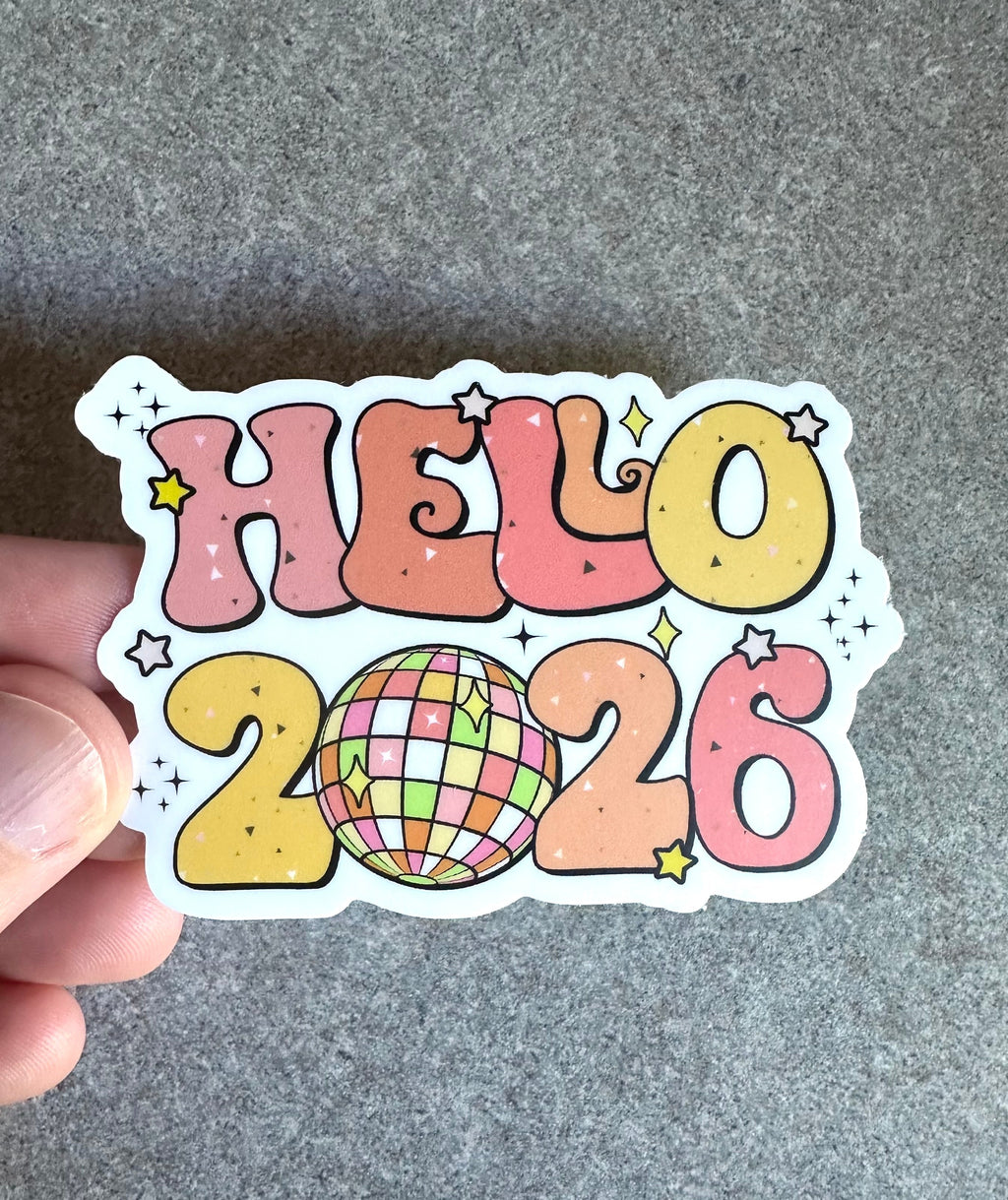 Hello 2026 Disco Ball Vinyl Sticker, 3x2.1"
