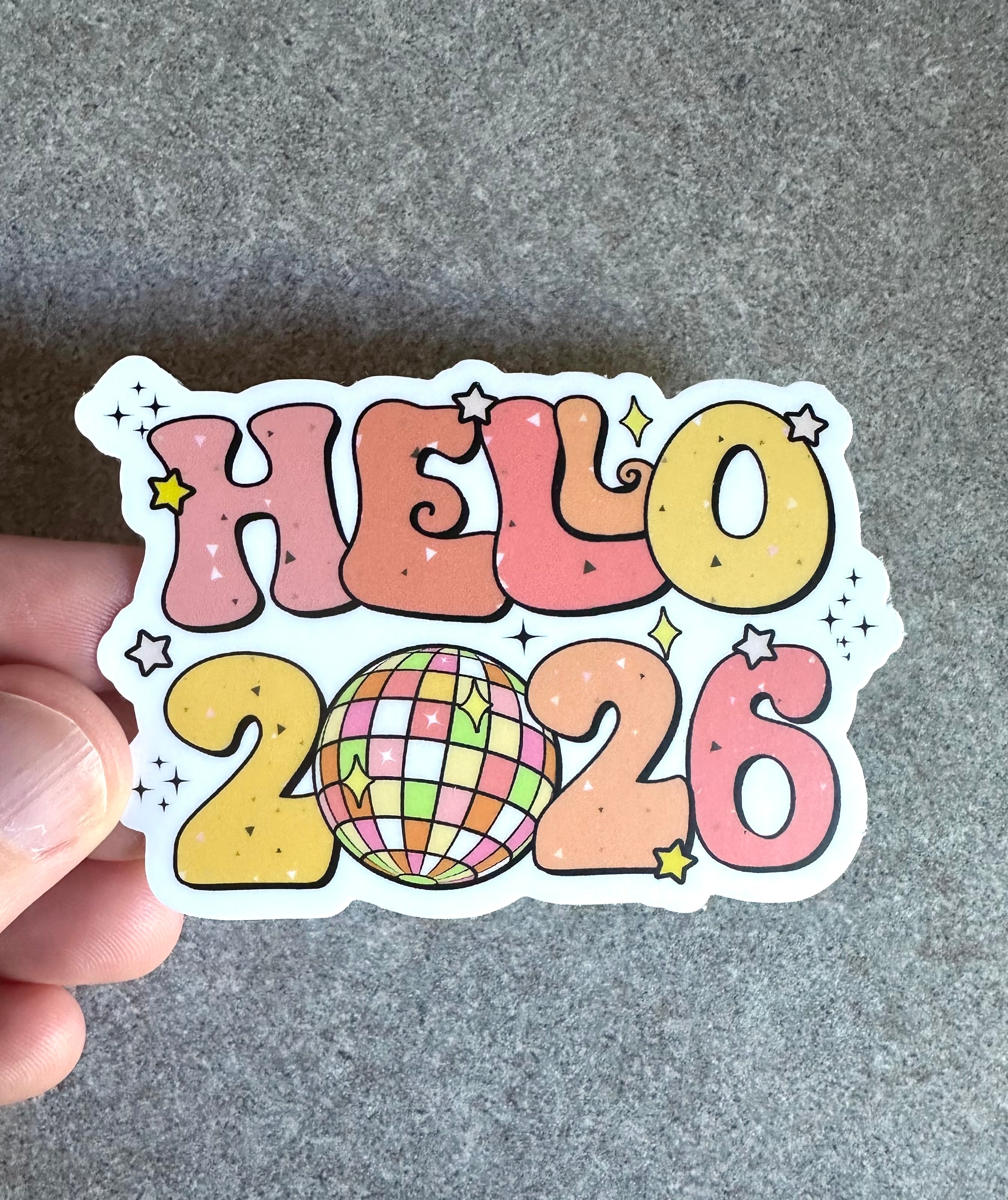 Hello 2026 Disco Ball Vinyl Sticker, 3x2.1"