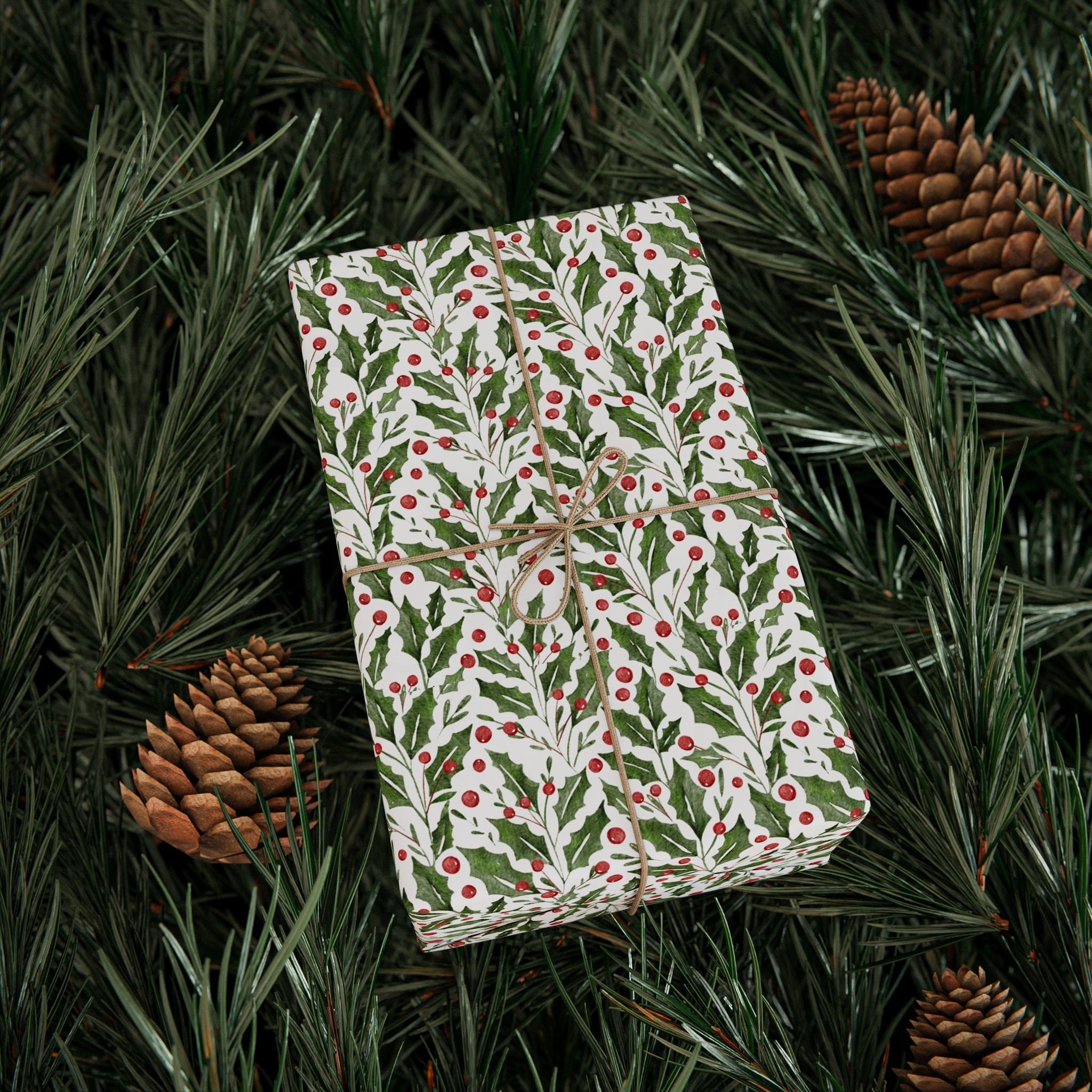 Holly Leaves and Berries Matte Wrapping Paper Roll