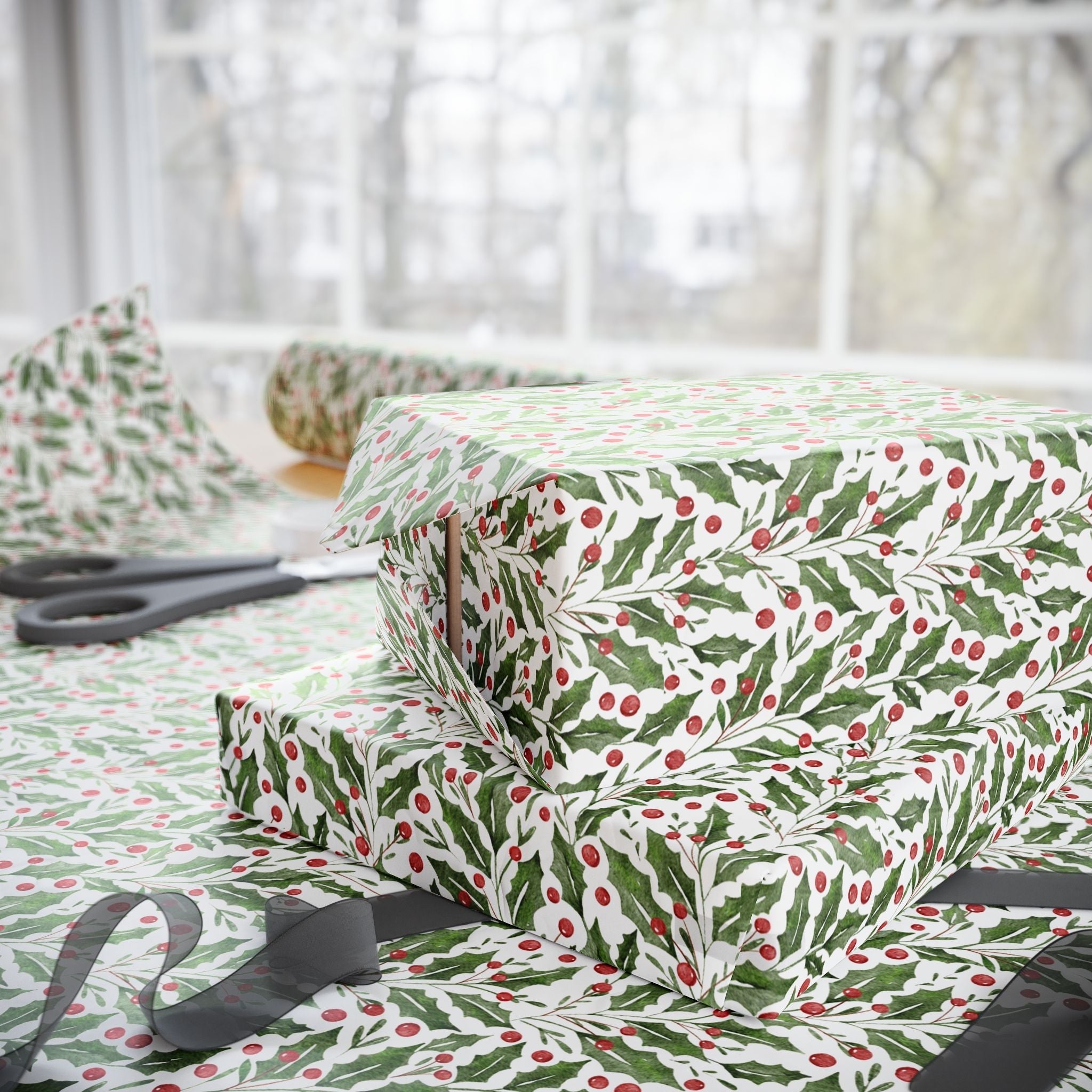 Holly Leaves and Berries Matte Wrapping Paper Roll