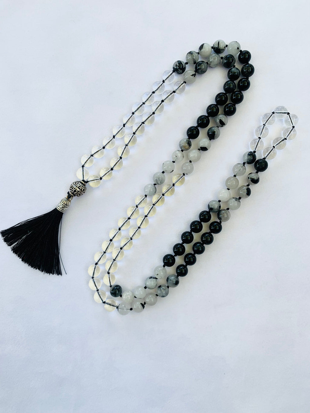 Theia Mala - Clarity - Rainbow Sheen Obsidian, Tourmalated Quartz, Clear Quartz