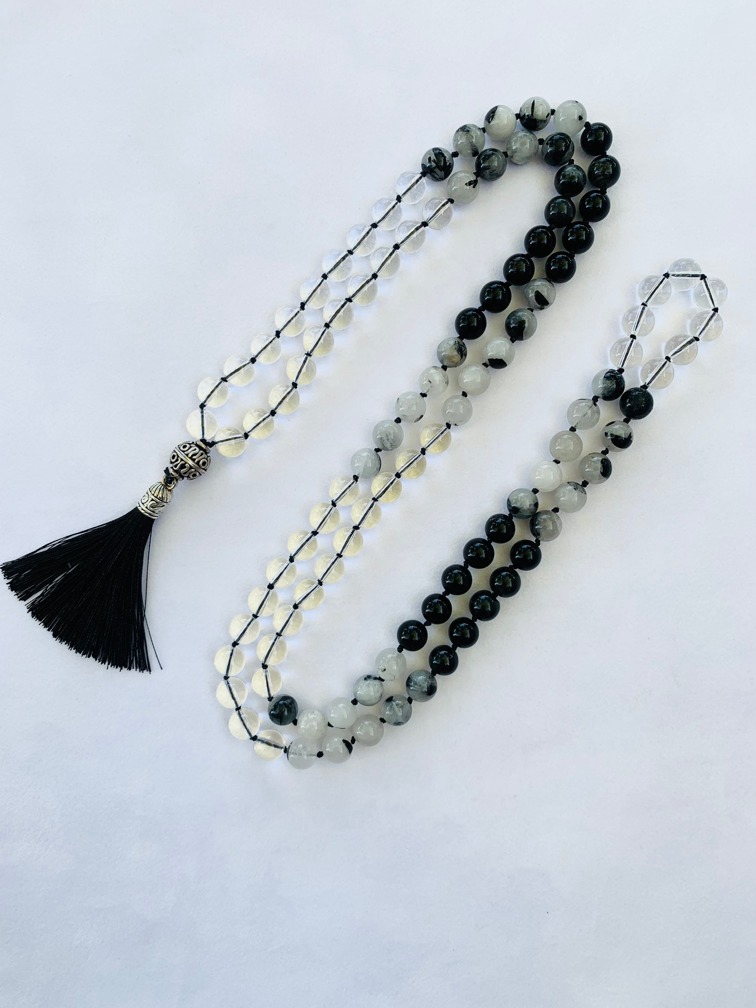 Theia Mala - Clarity - Rainbow Sheen Obsidian, Tourmalated Quartz, Clear Quartz