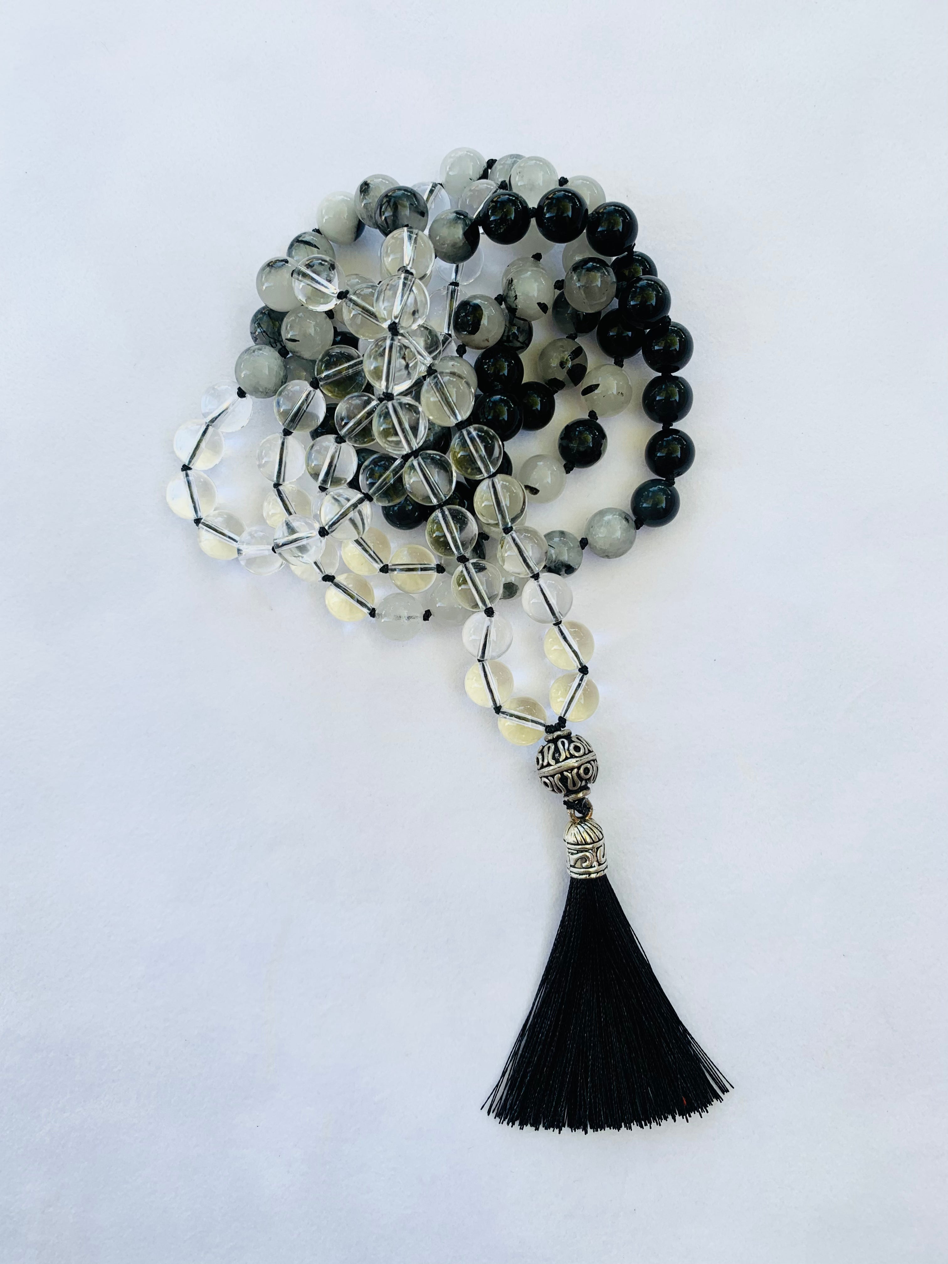 Theia Mala - Clarity - Rainbow Sheen Obsidian, Tourmalated Quartz, Clear Quartz