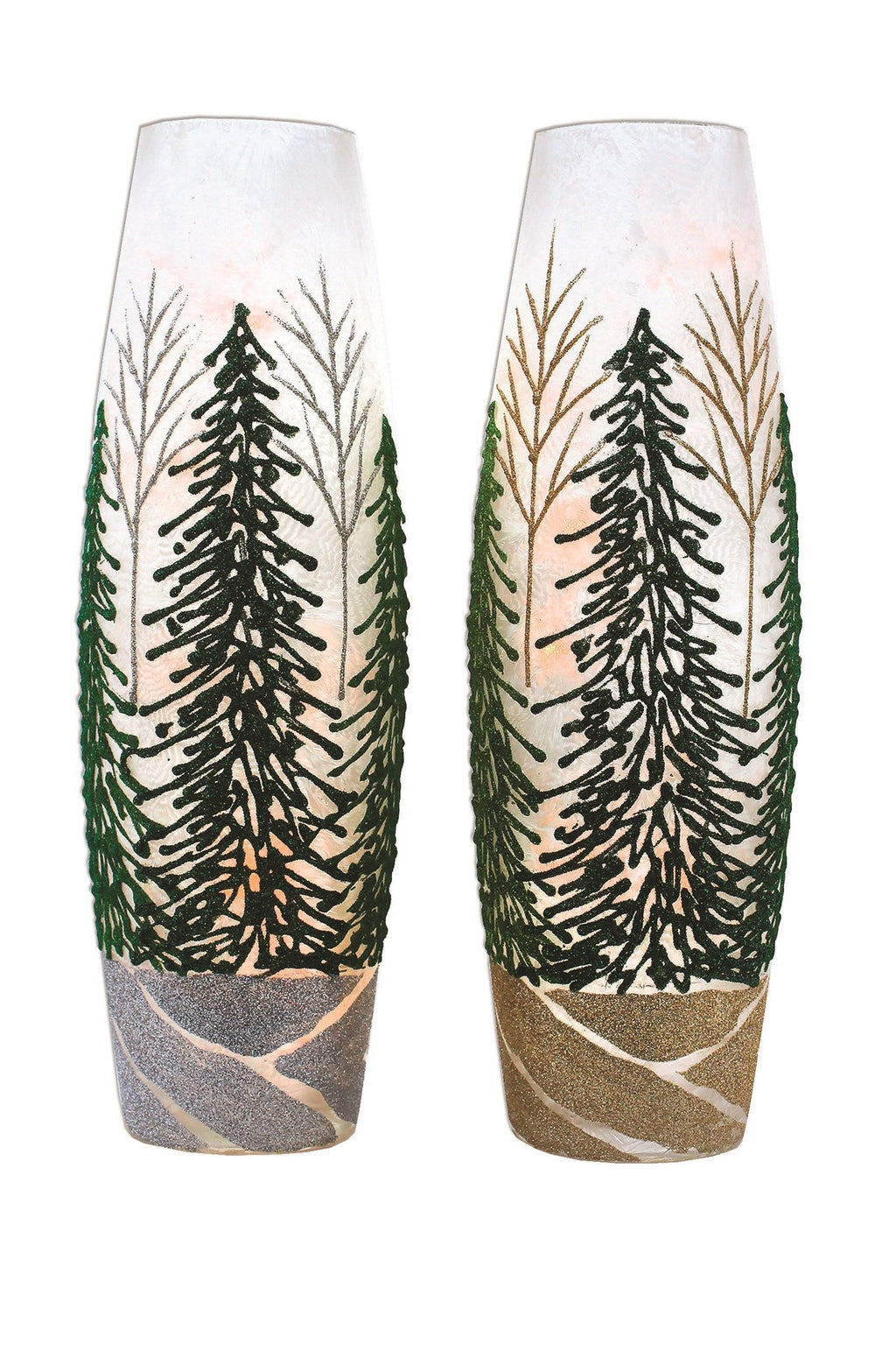 Glittering Green Trees - Lighted 12 Inch Vase - Silver Tree