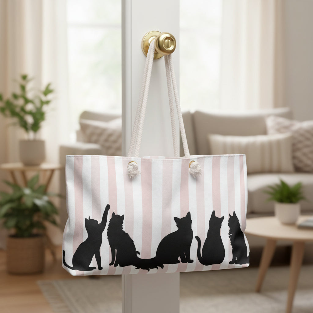 Pink Stripe Cat Silhouette Weekender Tote – Cat Lover Travel Bag