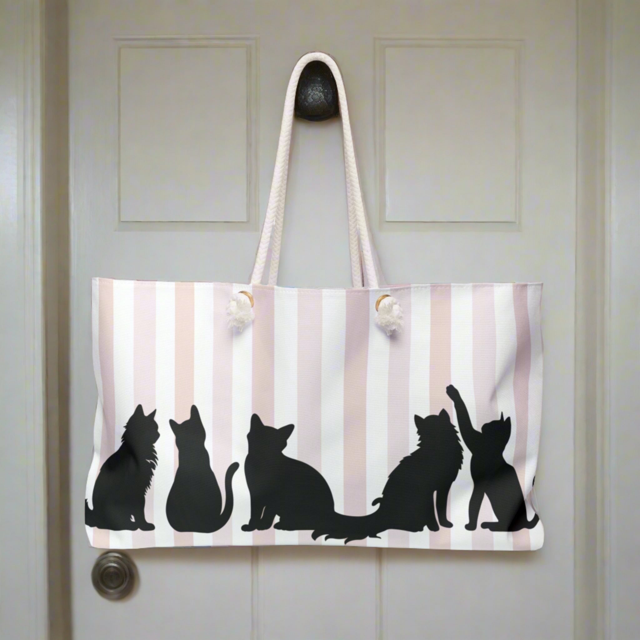 Pink Stripe Cat Silhouette Weekender Tote – Cat Lover Travel Bag