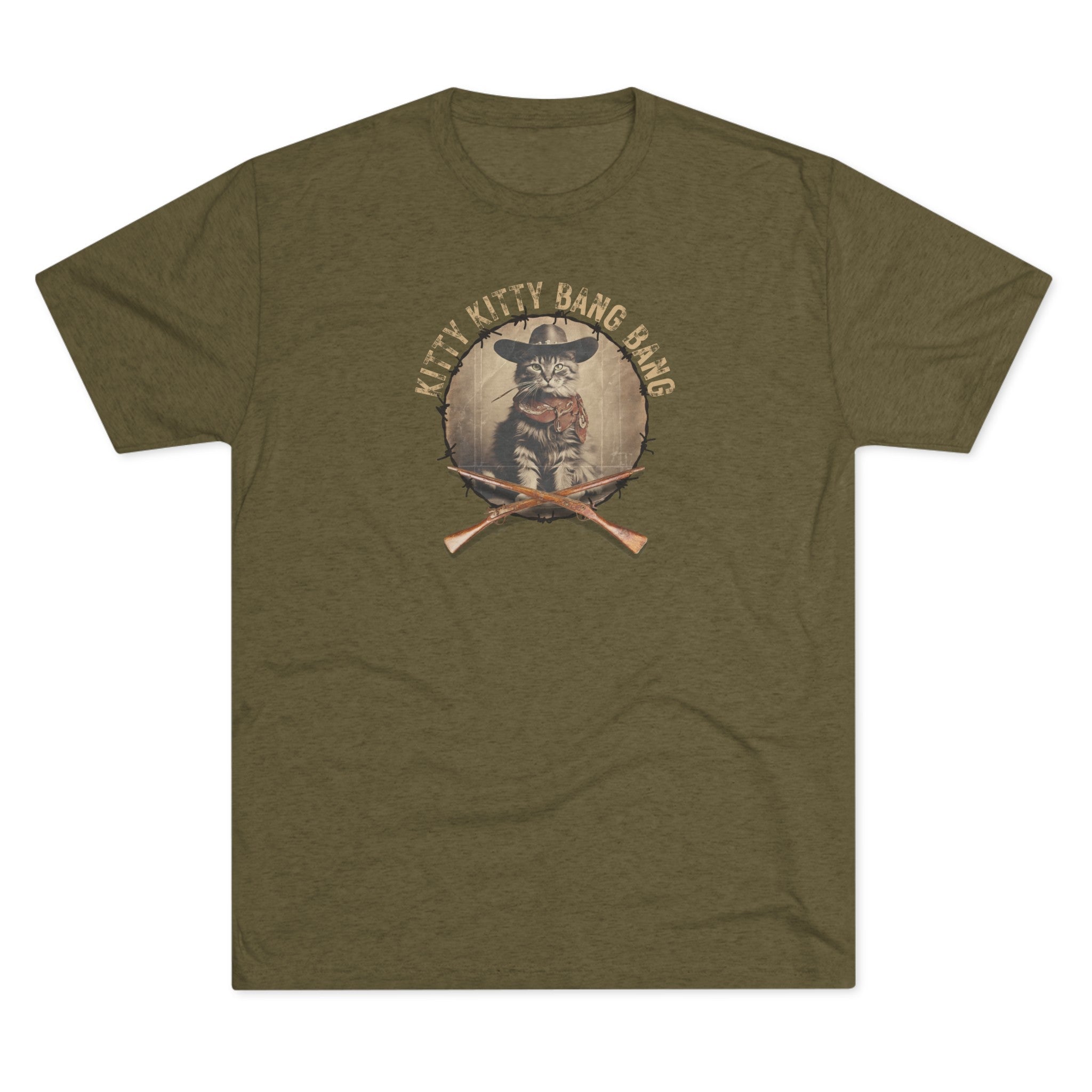 Wild Kitty Bang Bang Tri-Blend Tee – Funny Cowboy Cat Shirt