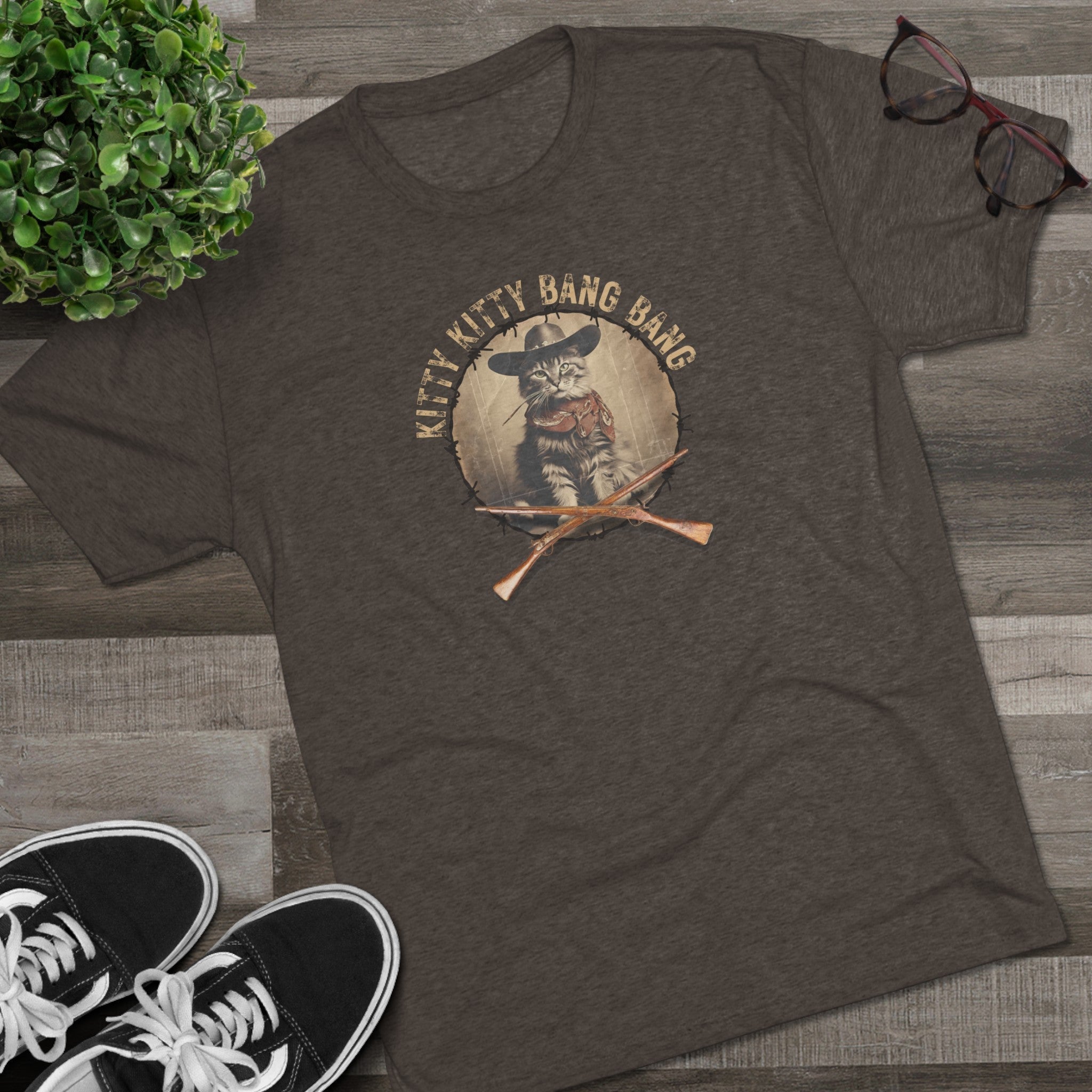 Wild Kitty Bang Bang Tri-Blend Tee – Funny Cowboy Cat Shirt
