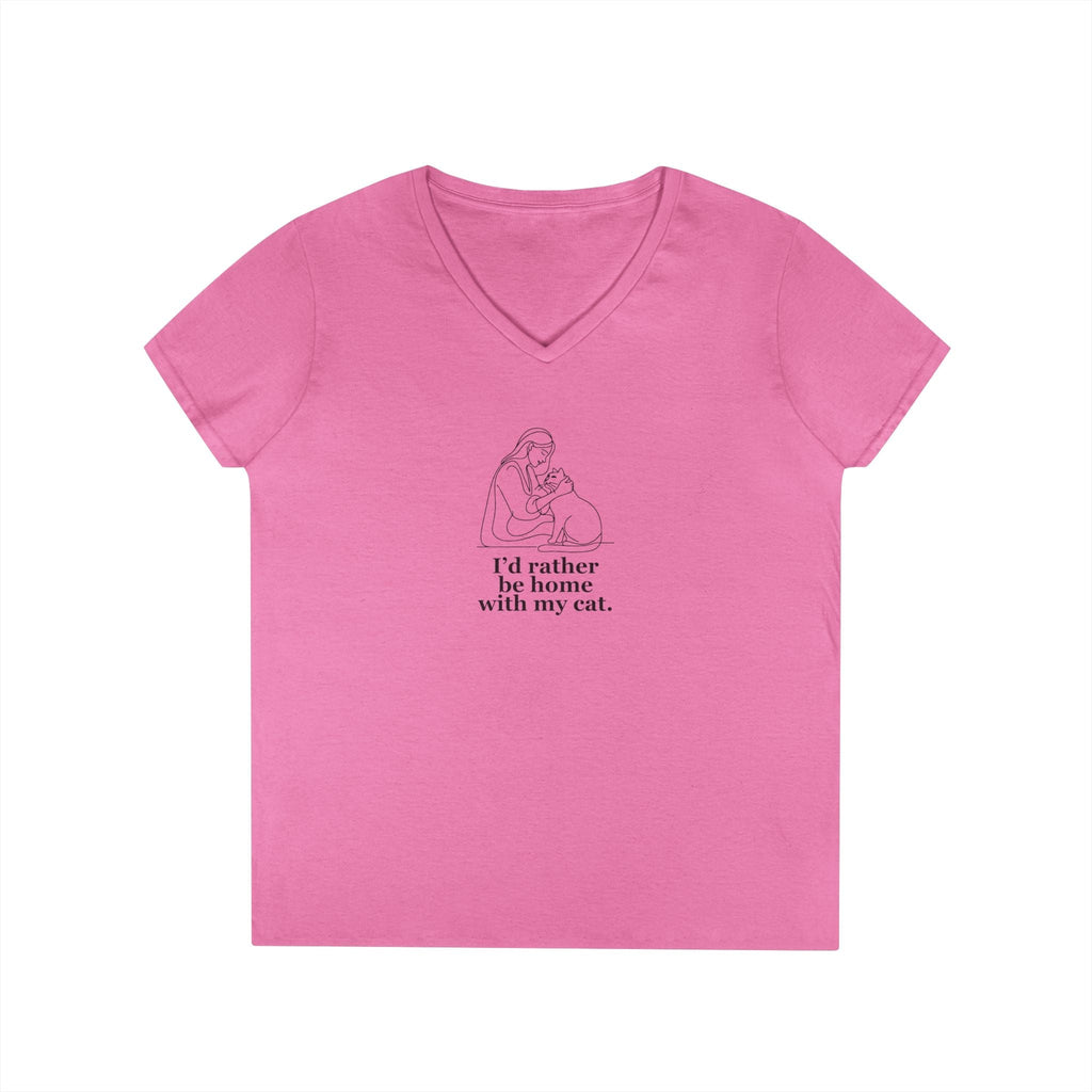 Ladies' V-Neck T-Shirt - 'I'd Rather Be Home With My Cat' - Cat Lover Tee