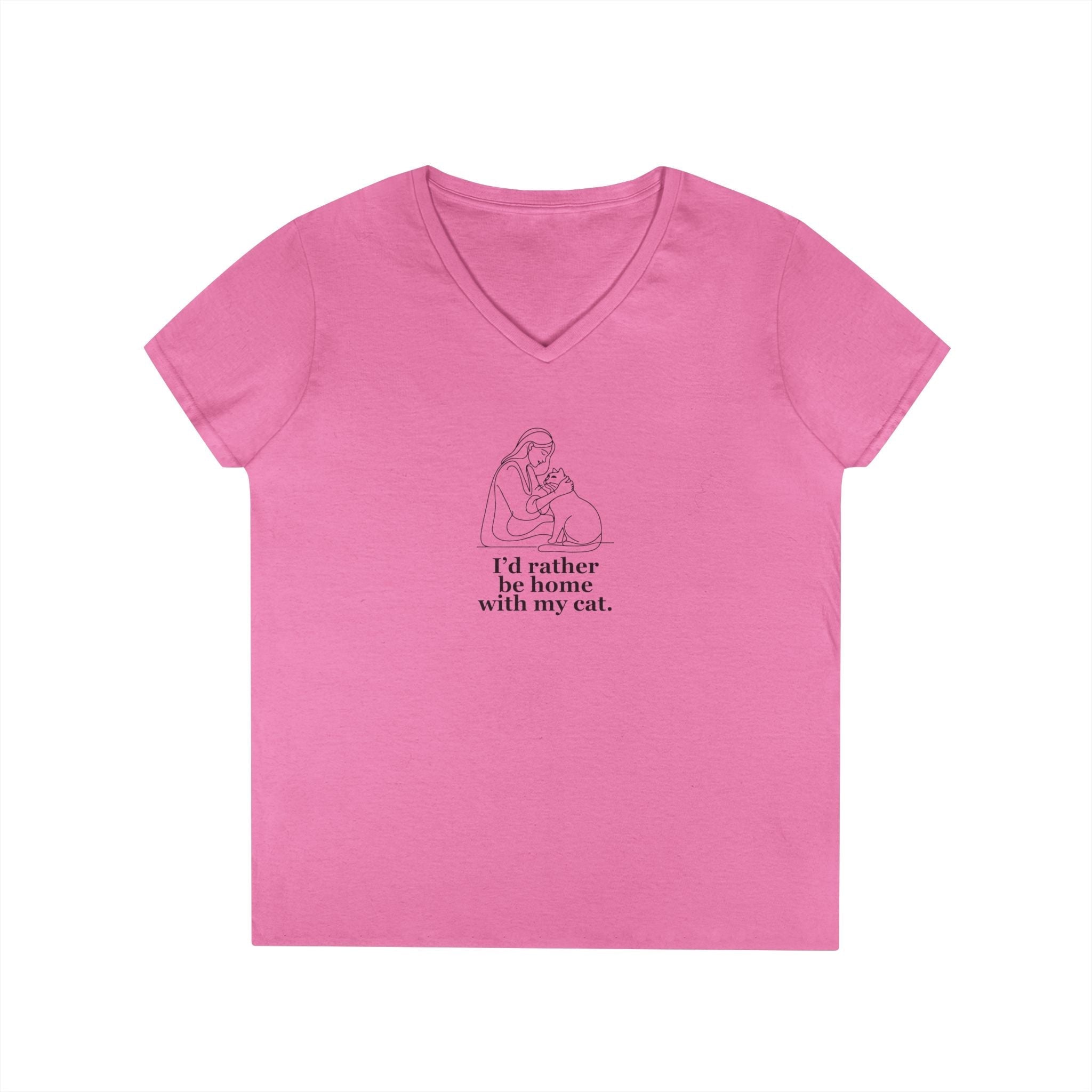 Ladies' V-Neck T-Shirt - 'I'd Rather Be Home With My Cat' - Cat Lover Tee