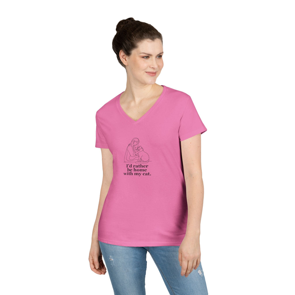 Ladies' V-Neck T-Shirt - 'I'd Rather Be Home With My Cat' - Cat Lover Tee