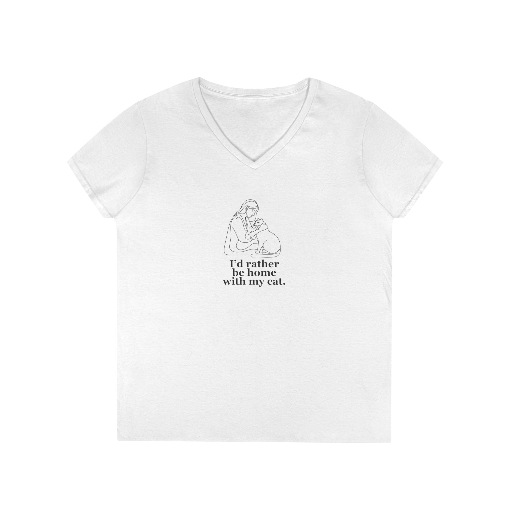 Ladies' V-Neck T-Shirt - 'I'd Rather Be Home With My Cat' - Cat Lover Tee