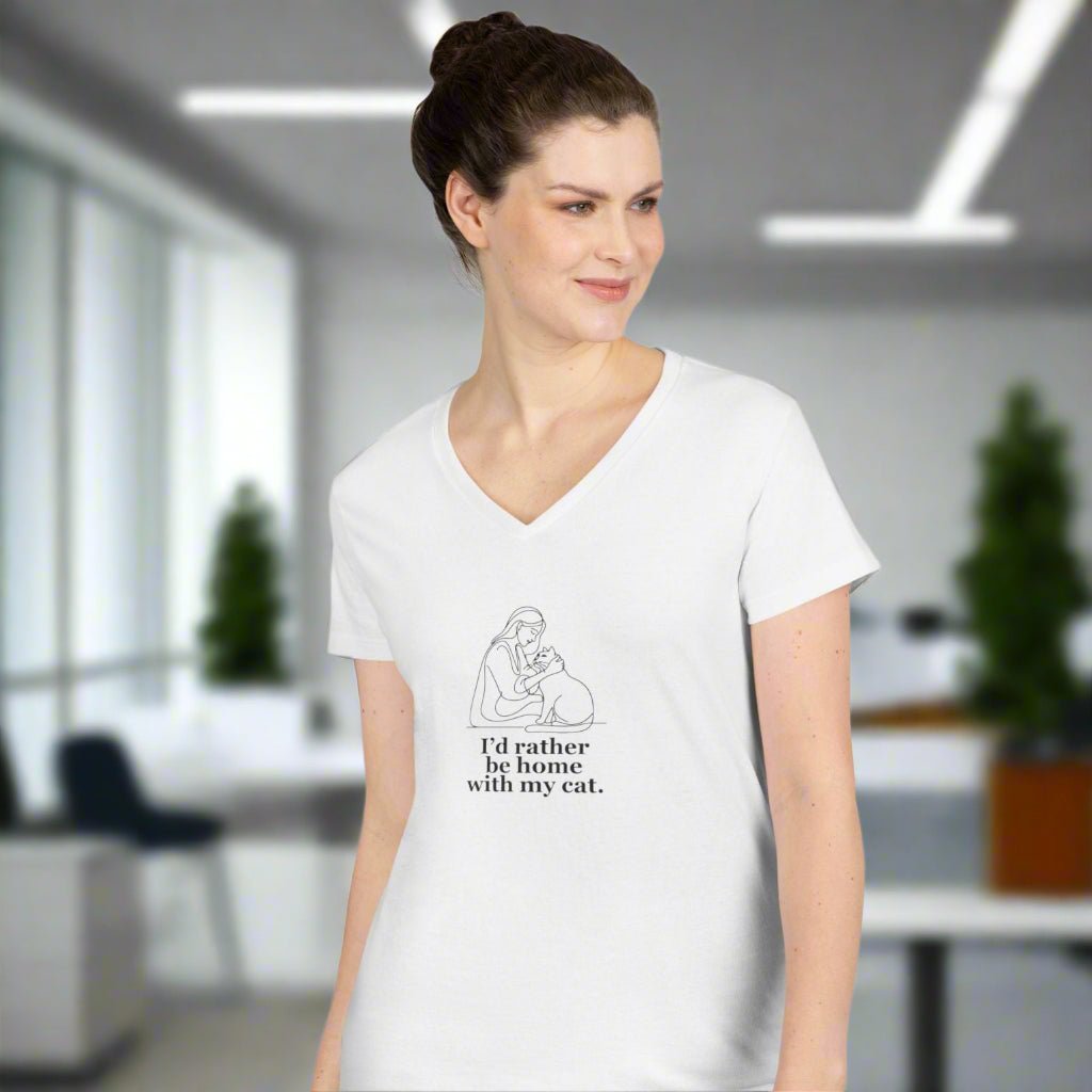 Ladies' V-Neck T-Shirt - 'I'd Rather Be Home With My Cat' - Cat Lover Tee