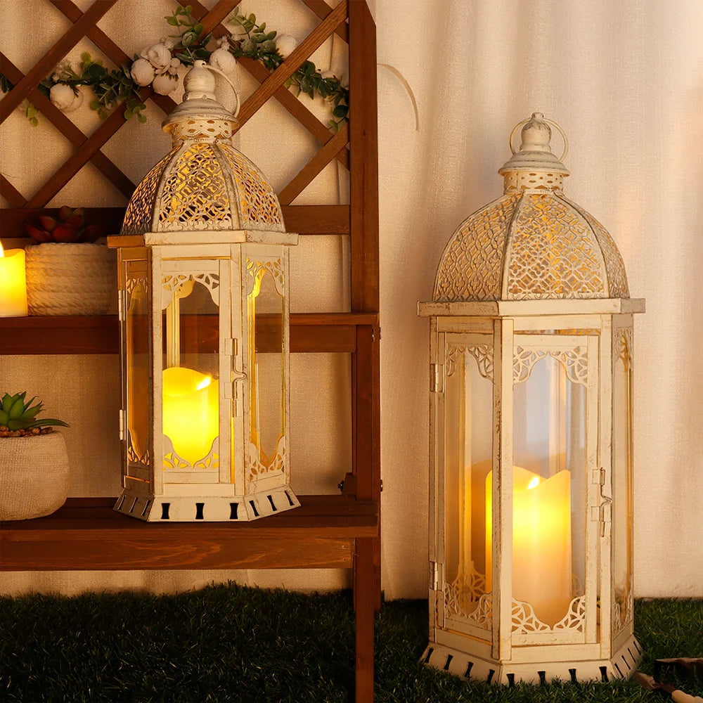 Set of 2-22"&17"H Vintage Metal Candle Lanterns(Grey with Black Brush)