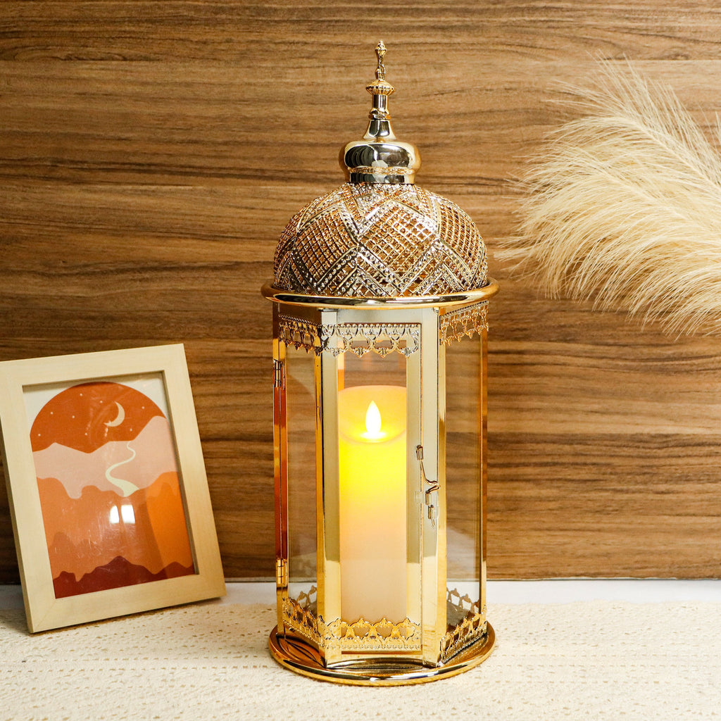 Moroccan Candle Lantern 17'' Gold Hexagonal Candle Holder