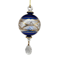 Etched Blown Glass Ball with Crystal Dangle - Blue