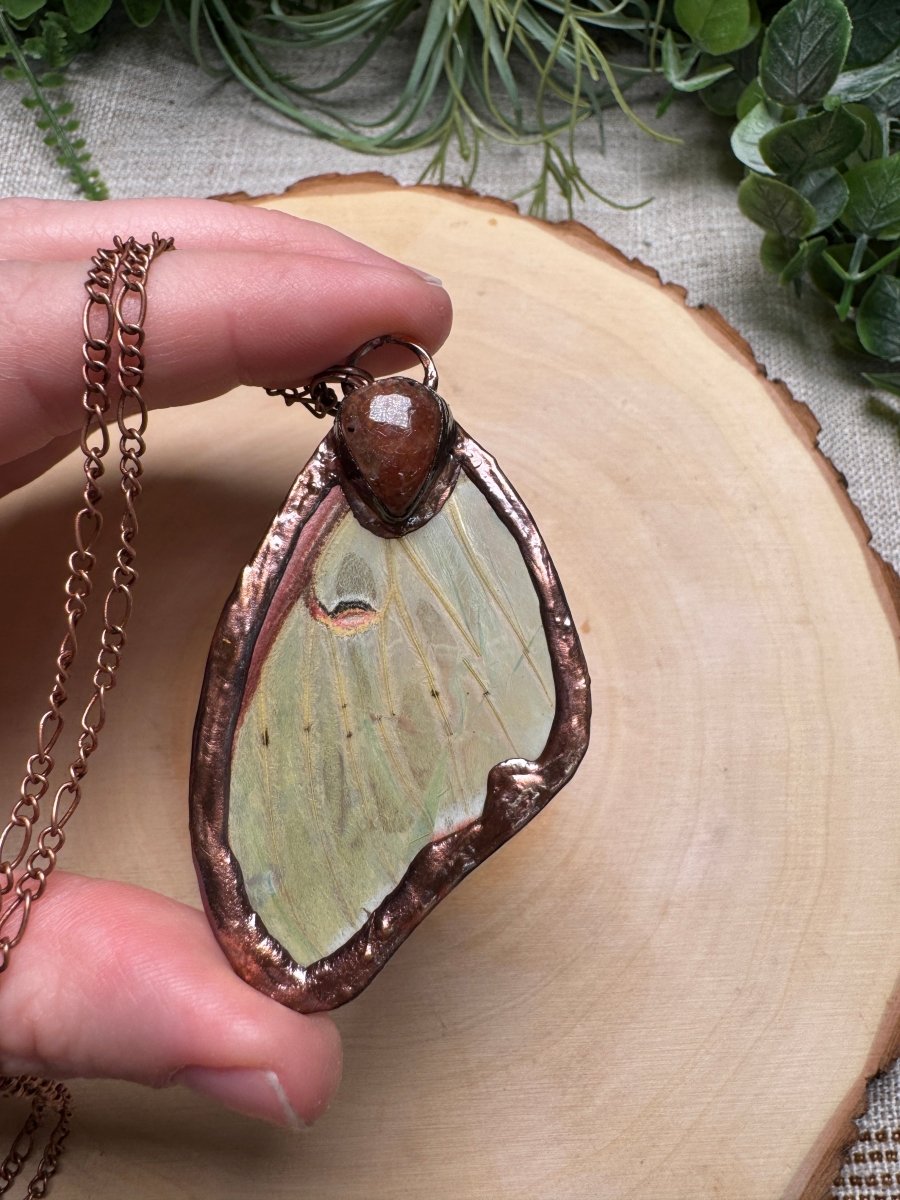 Luna Moth Wing and Sunstone Necklace