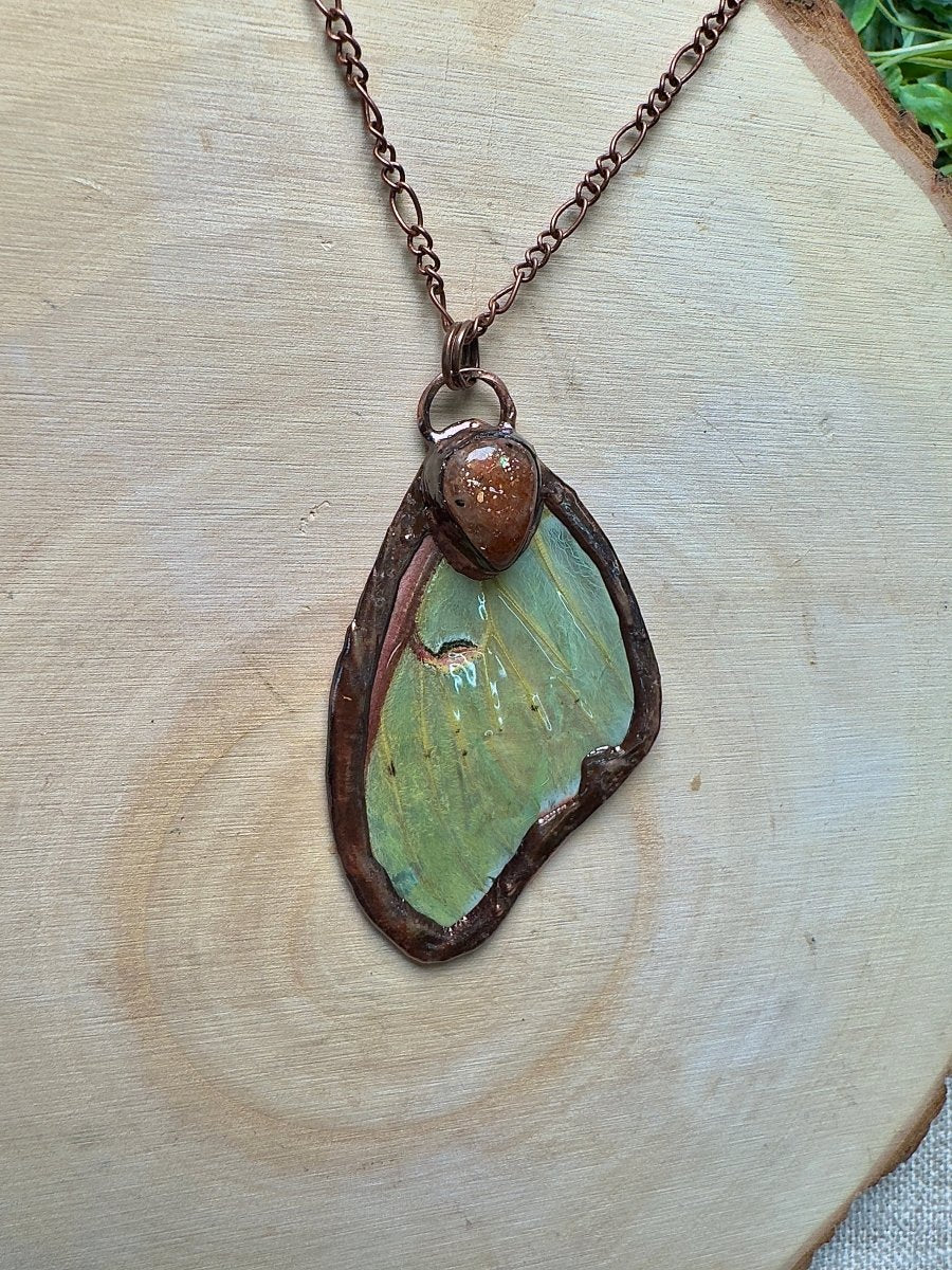 Luna Moth Wing and Sunstone Necklace