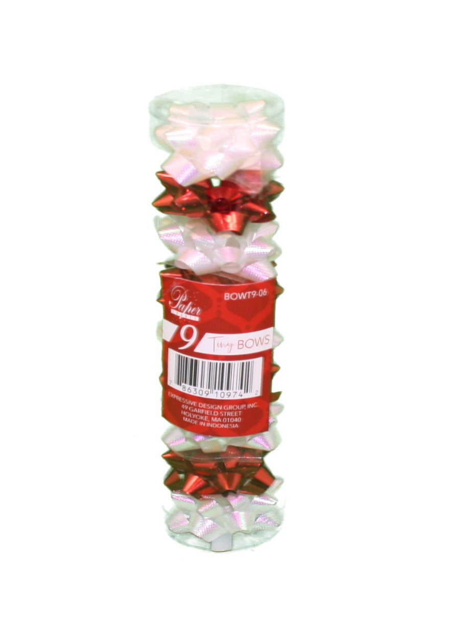 9 Tiny Metallic Bows In A Tube - White Pearlized/Red Metallic